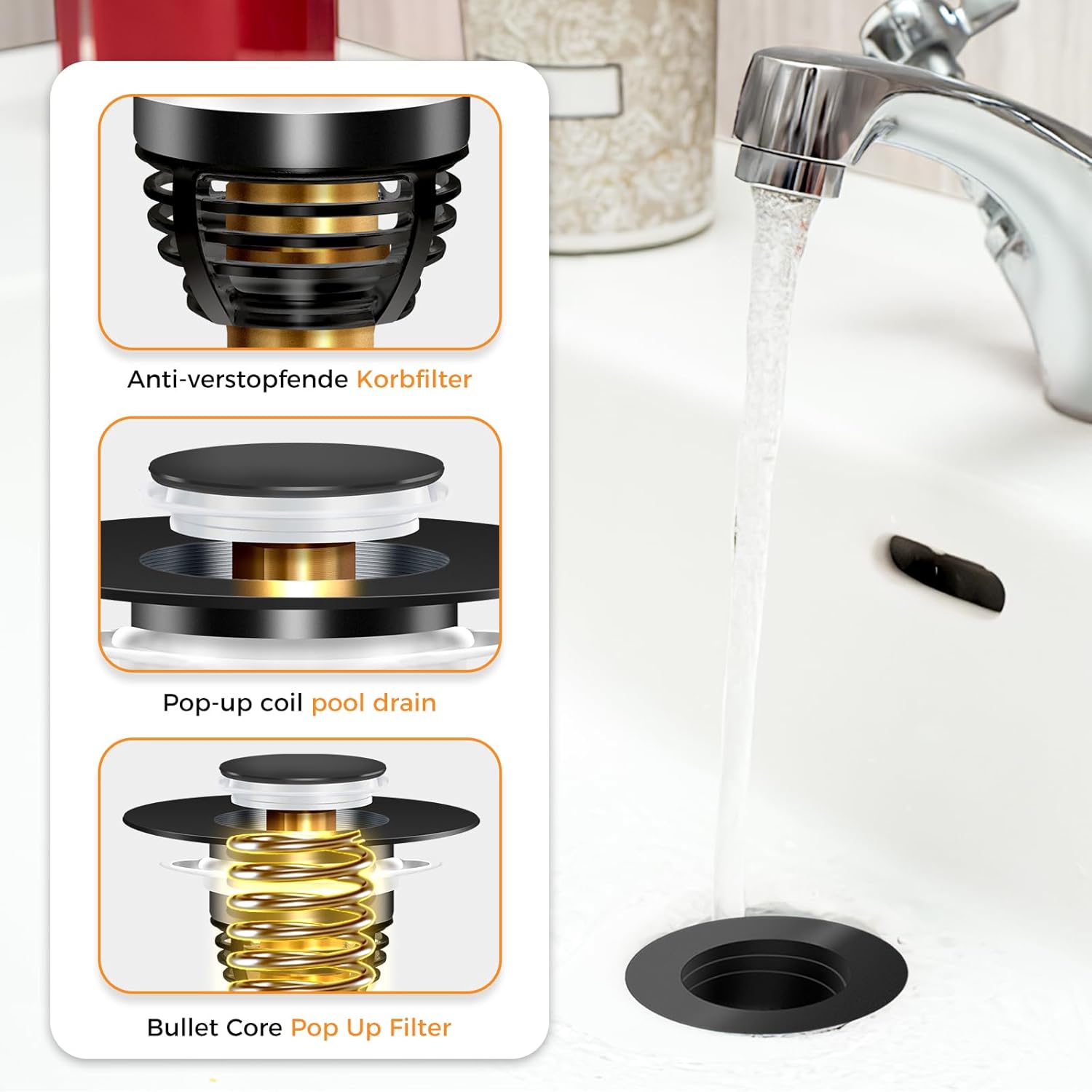 AURUZA 4 Pack Universal Sink Stopper Black