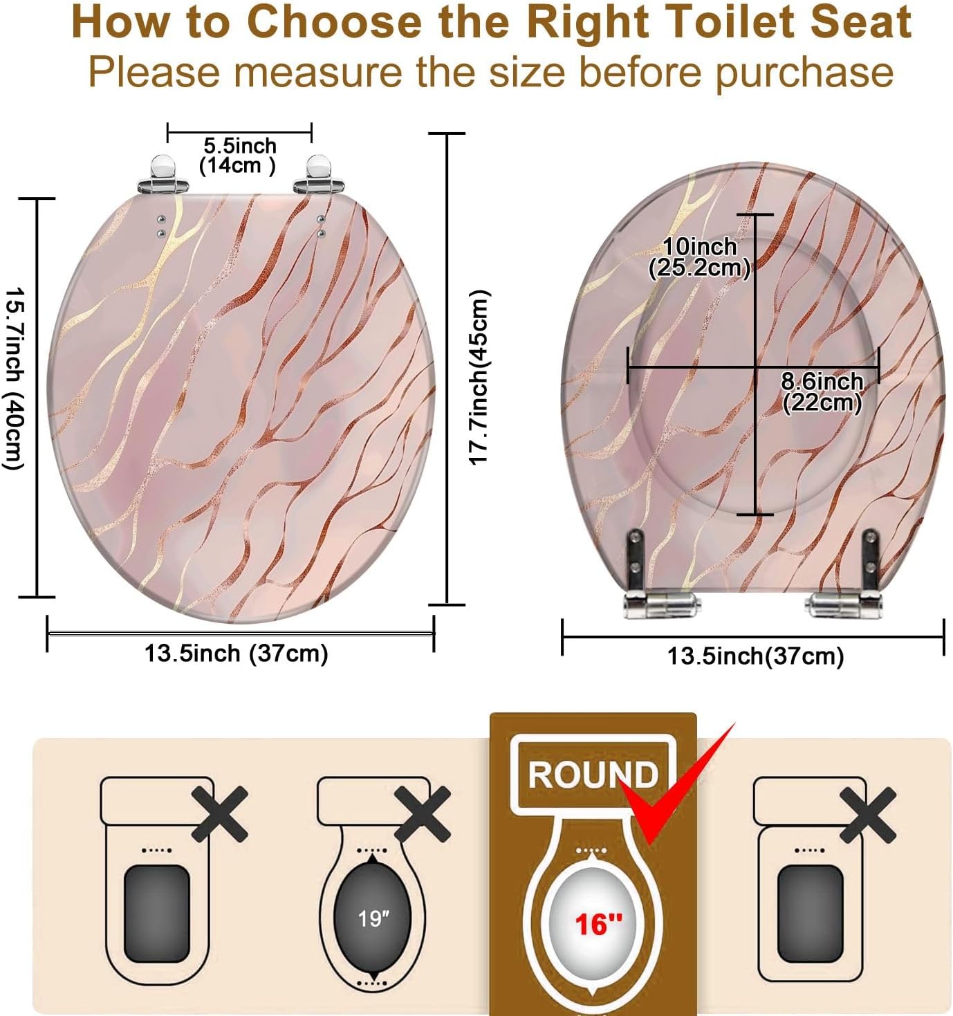 Round Toilet Seat with Rose Gold Rose Marble Decorative Pattern