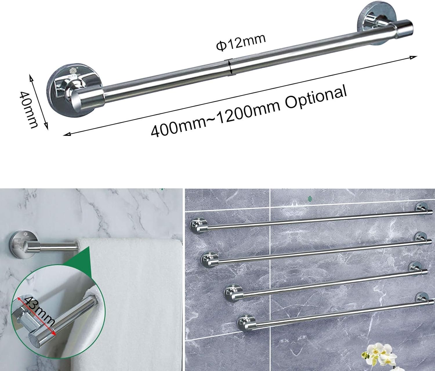 Stainless Steel Wall Mounted Towel Bar 40Cm