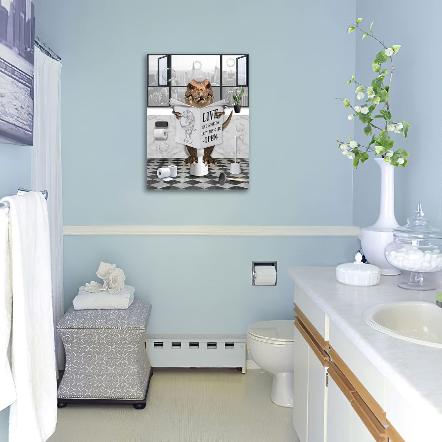 Funny Dinosaur Toilet Reading Newspaper Wall Art 12x16 Framed