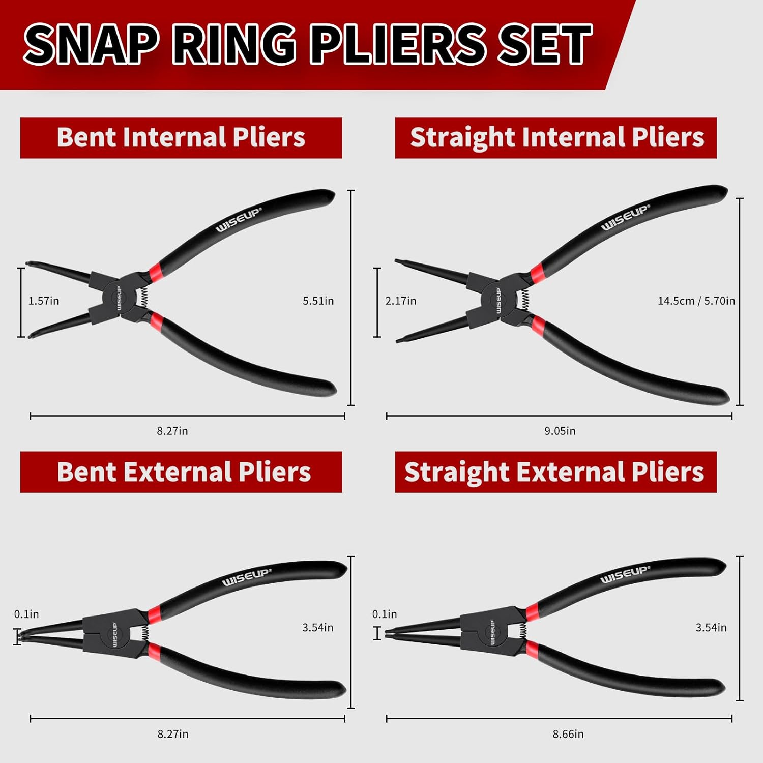 WISEUP 9 Inch Heavy Duty Snap Ring Pliers Set 4PCS