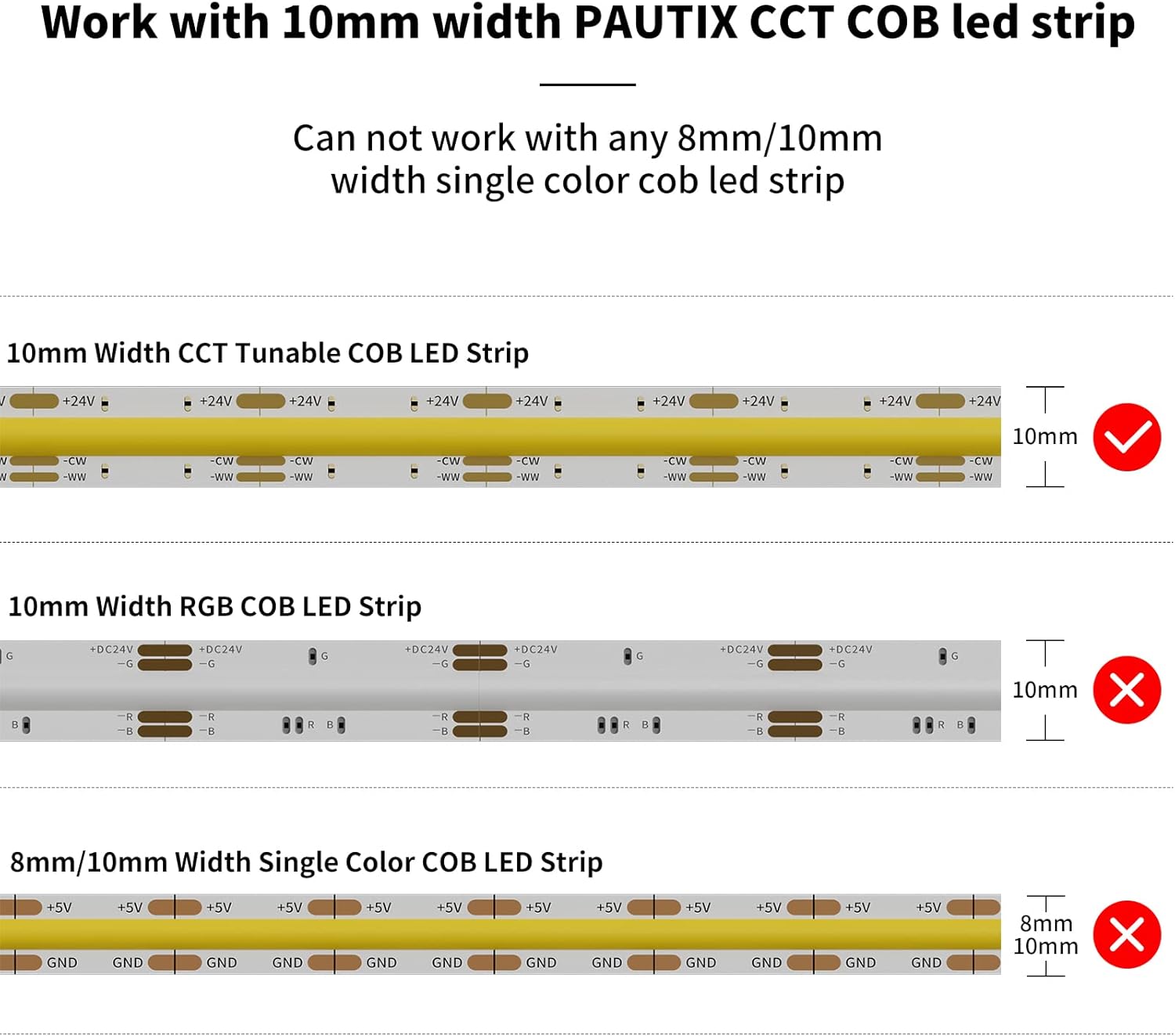 PAUTIX 10mm 3 Pin CCT COB LED Strip Connectors 4pcs Set