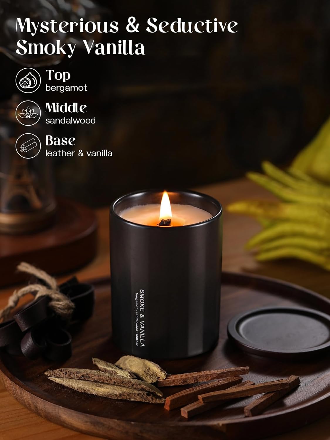 Dowan Wood Wick Vanilla Smoke Candle 8Oz Ceramic Jar Non-Toxic Soy Wax