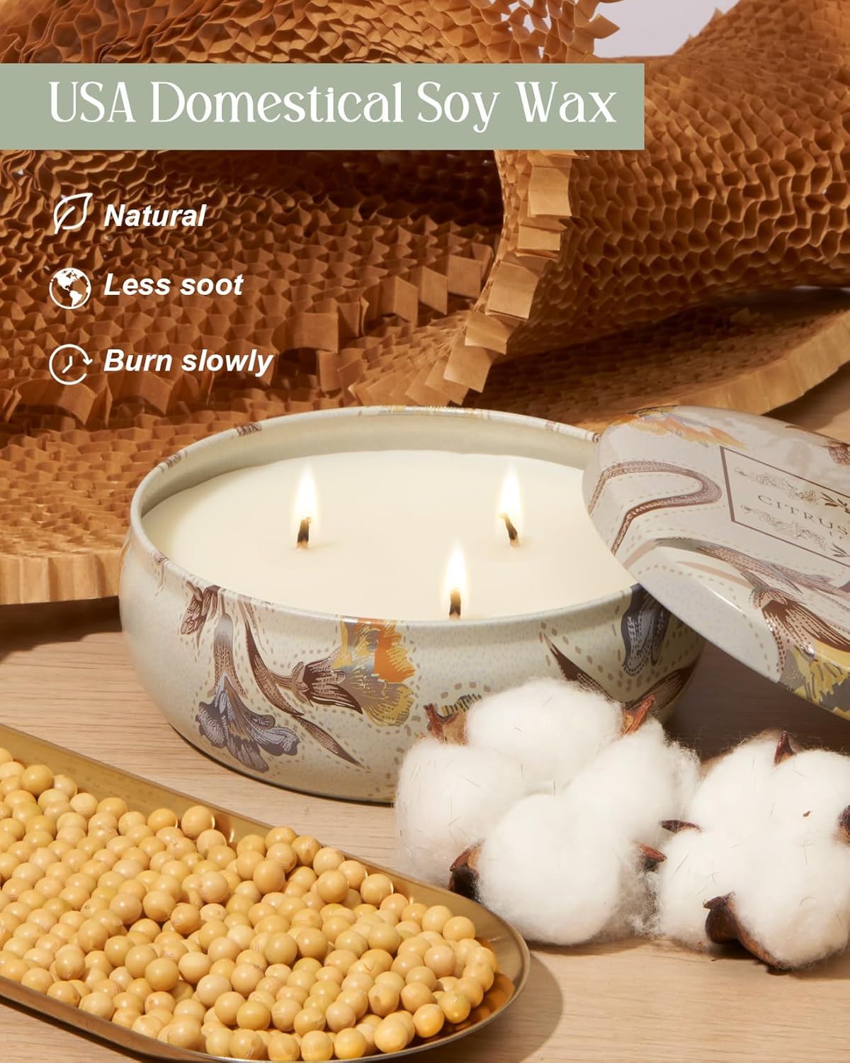 MSENSE 3 Wick Soy Candles Citrus Sage Aromatherapy 12oz 40 Hour Burn