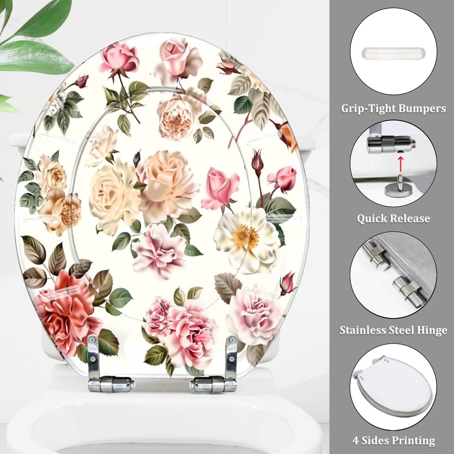 TRANQDEHOM Round Toilet Seat with Realistic Rose Flowers