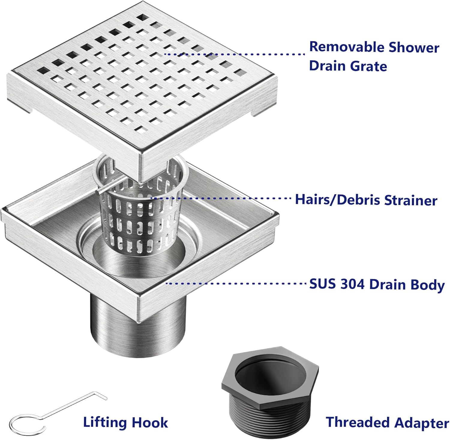 Neodrain 4-Inch Square Shower Drain with Hair Strainer