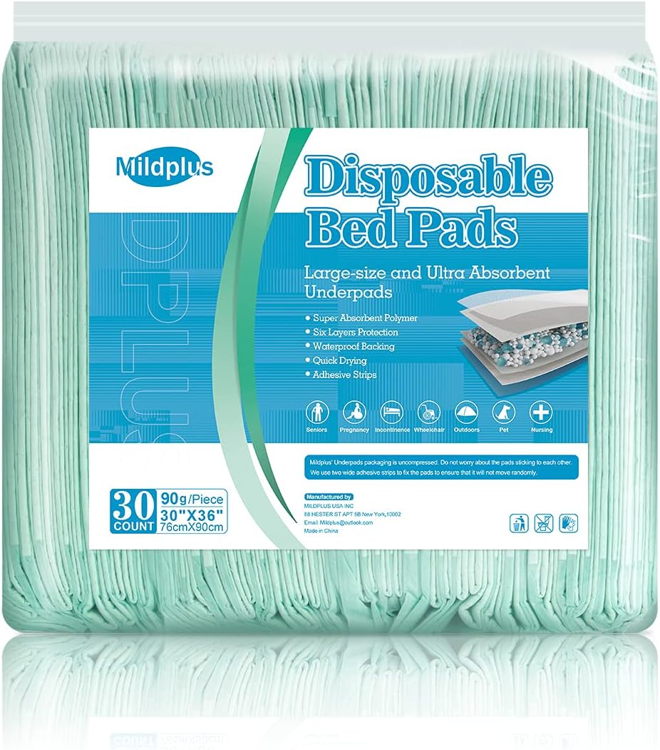 MILDPLUS Extra Large Bed Pads 30 X 36 with Adhesive Strips 30 Count
