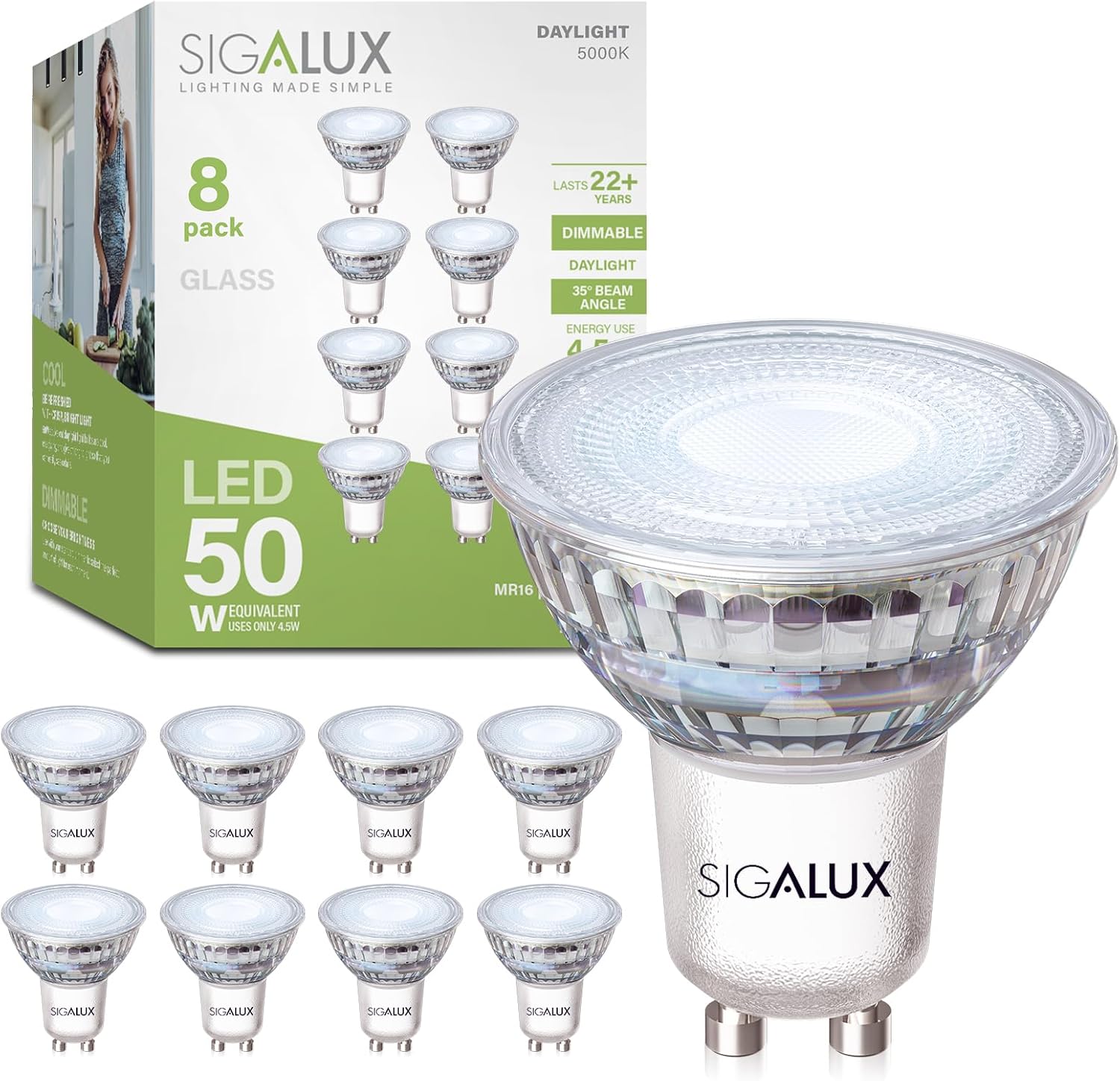 Sigalux GU10 LED Bulbs Dimmable 5000K Daylight White 45W 450LM Pack of 8