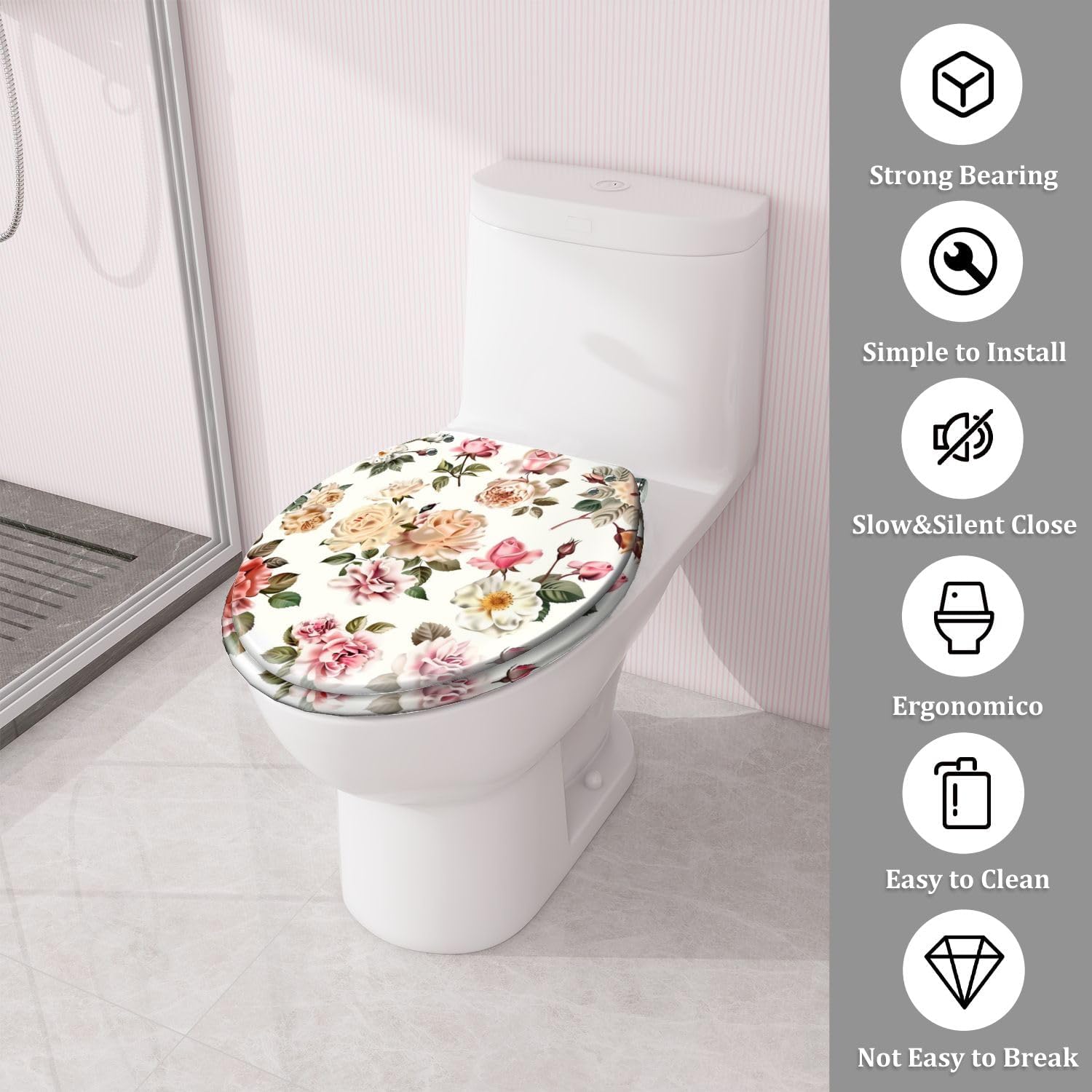 TRANQDEHOM Round Toilet Seat with Realistic Rose Flowers