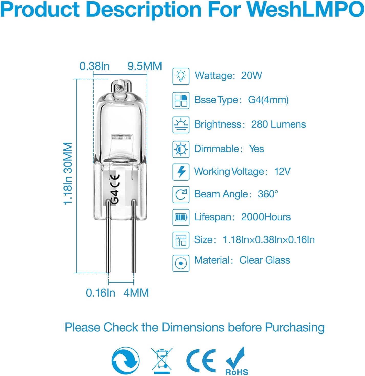 WeshLMPO G4 Bulb 12V 20W Halogen 2 Pin 12 Pack