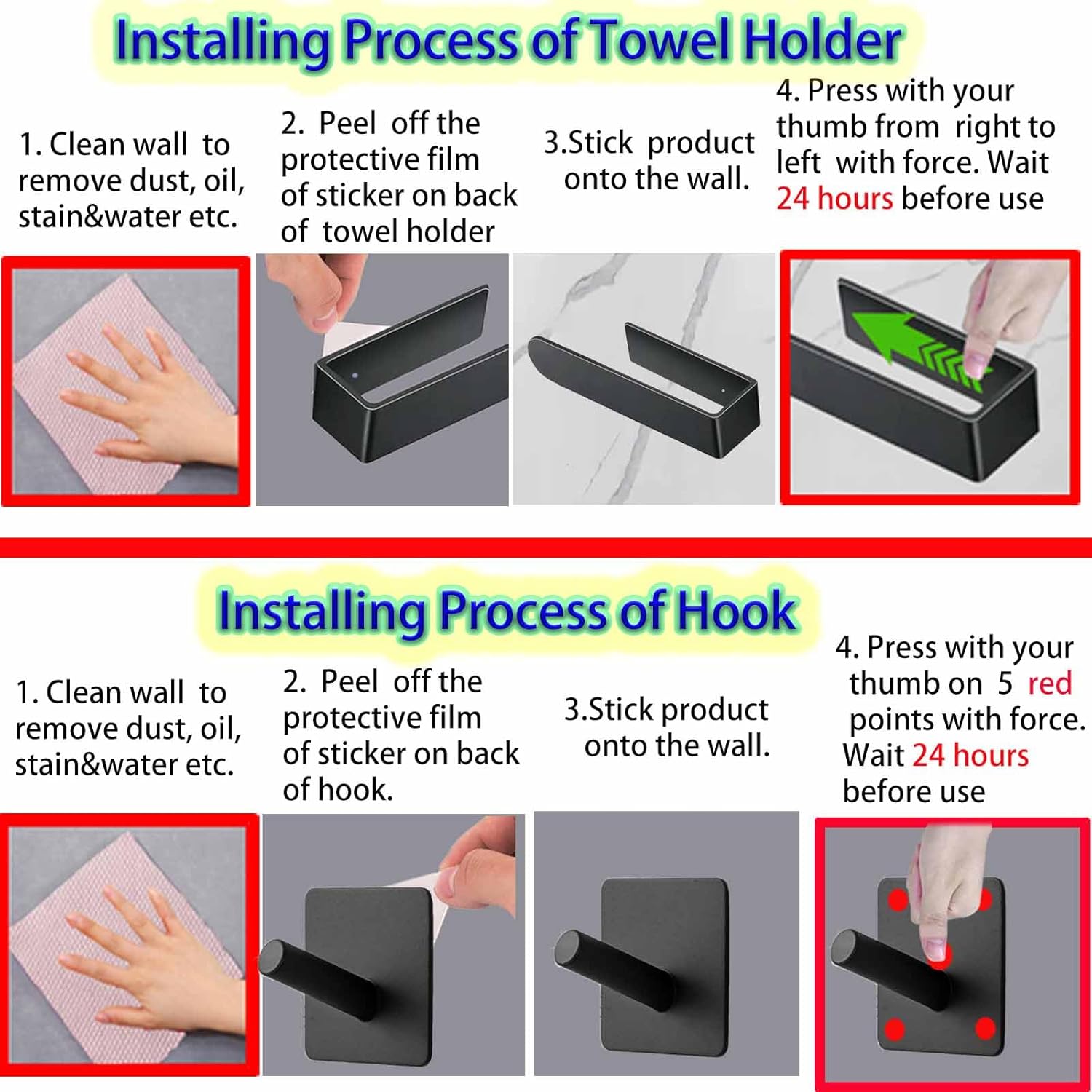 1 Black Self-Adhesive Towel Rail with 2 Hooks