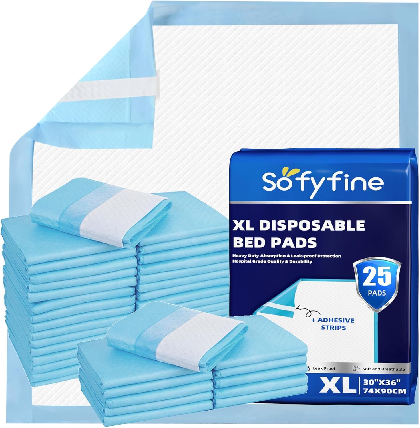 SOFYFINE Bed Pads with Adhesive Strips 30x36 Heavy Duty Incontinence Underpads 25 Pads