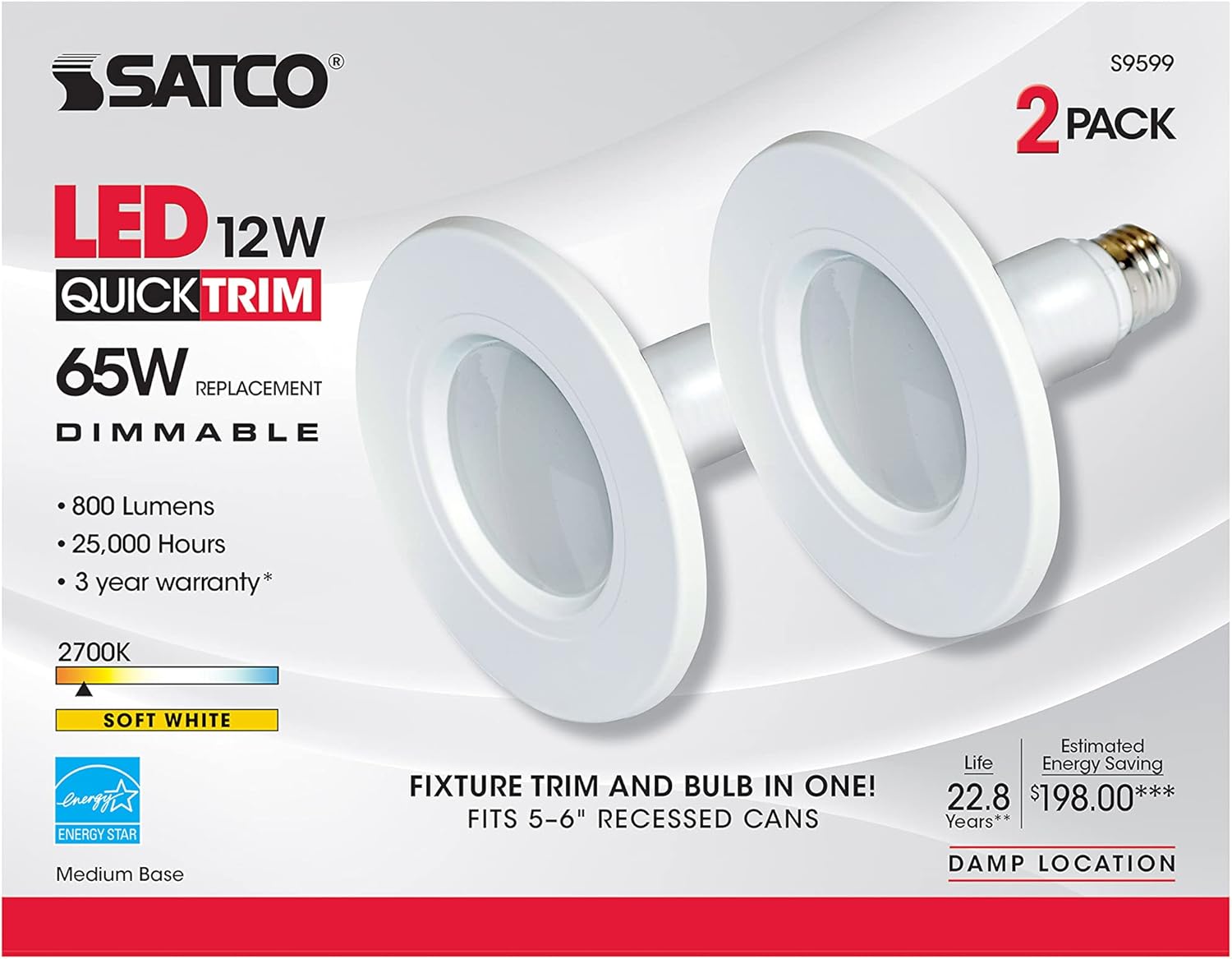 Satco S9599 LED Downlight 12W 6 Trim Warm White Dimmable