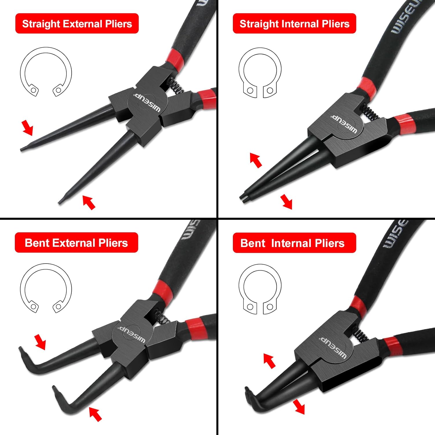 WISEUP 9 Inch Heavy Duty Snap Ring Pliers Set 4PCS