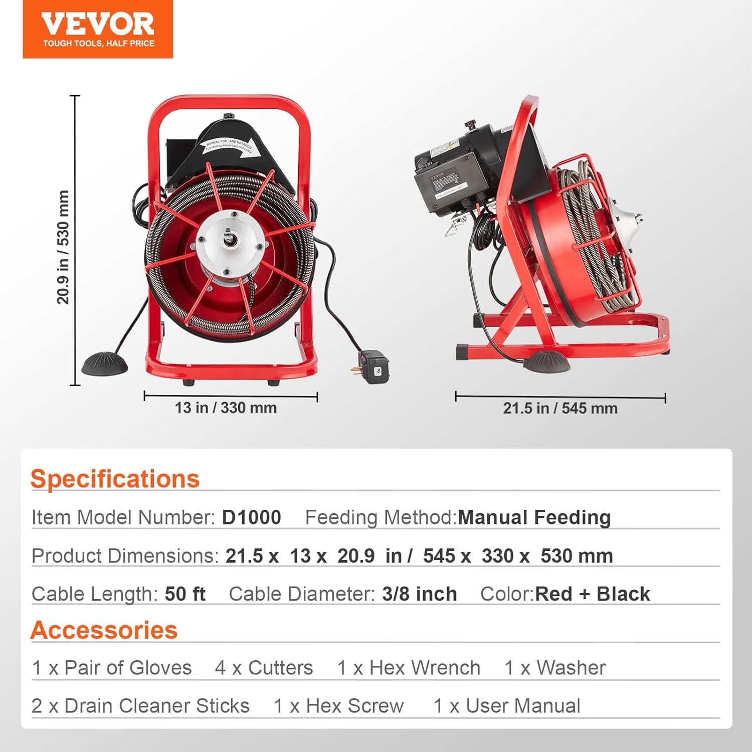 VEVOR Drain Cleaner Machine 50FT 38 Inch with 4 Cutters 1