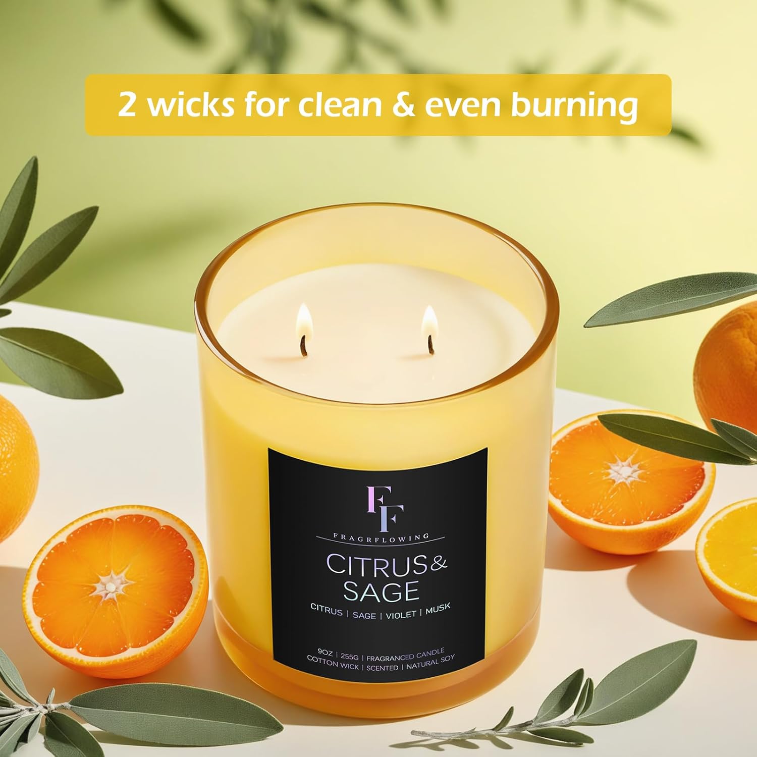 Citrus Sage Scented Candle 9 oz 2-Wick Soy Wax Luxury Aromatherapy Candle