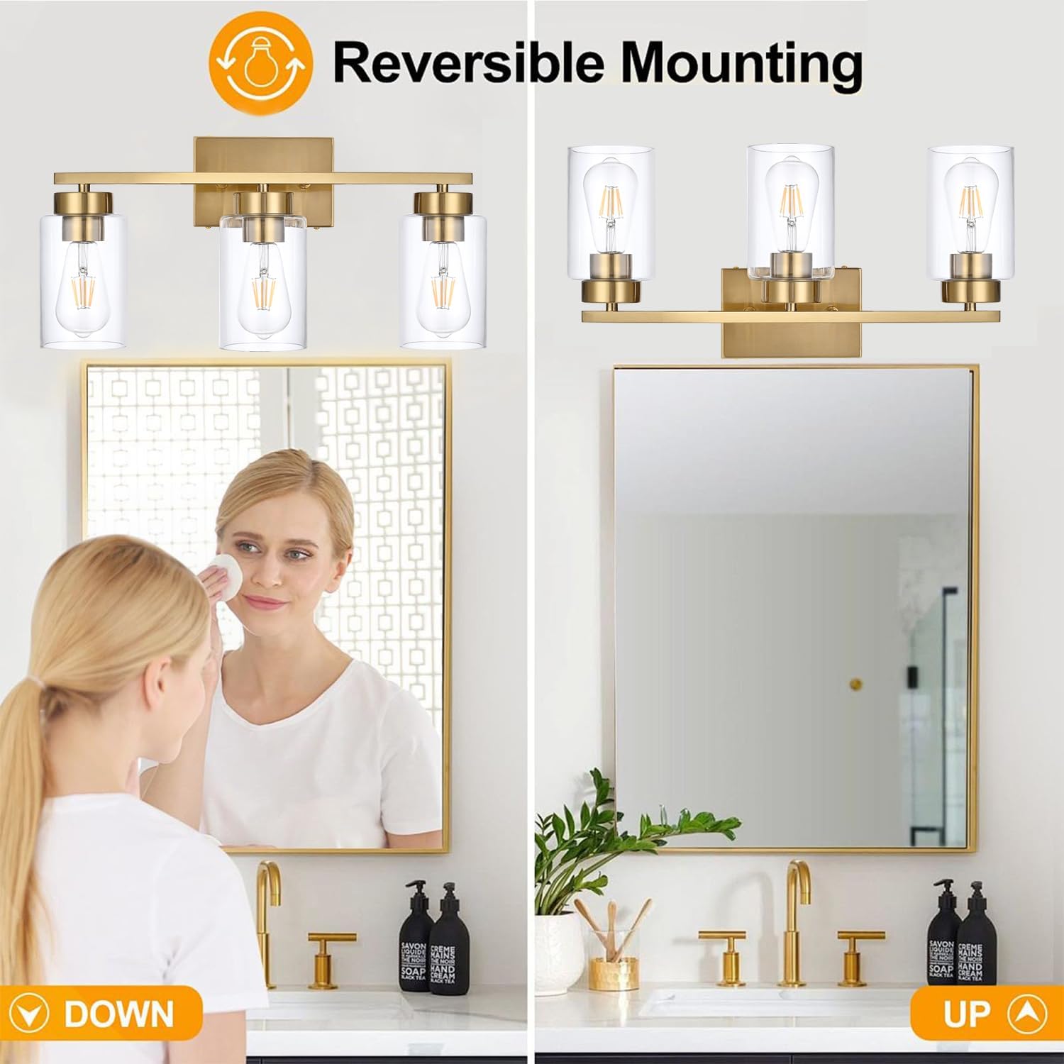 3-Light Brushed Gold Bathroom Vanity Light with Clear Glass Shades
