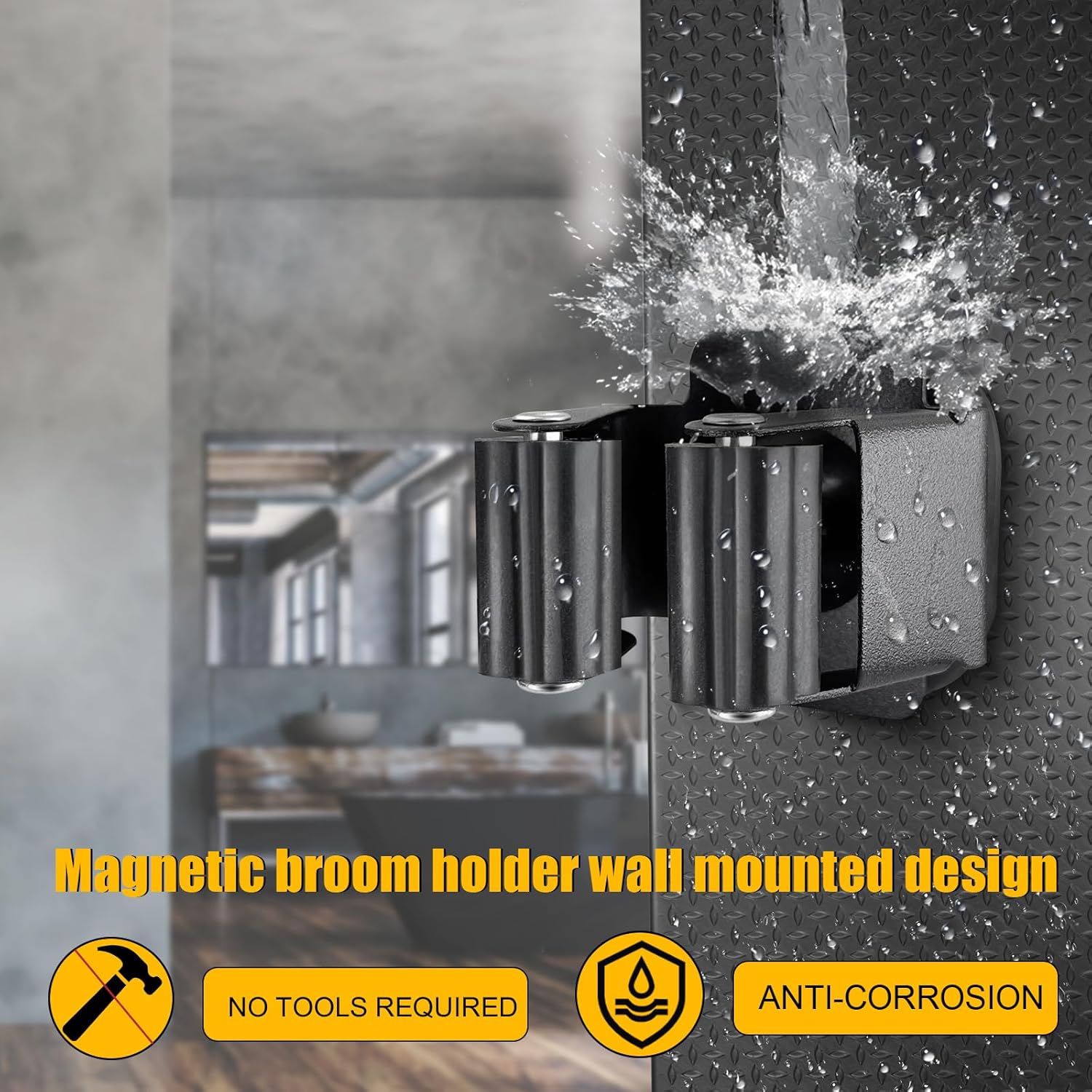 MagitcSee Magnetic Broom and Mop Holder 2 Pcs Black Wall Mount