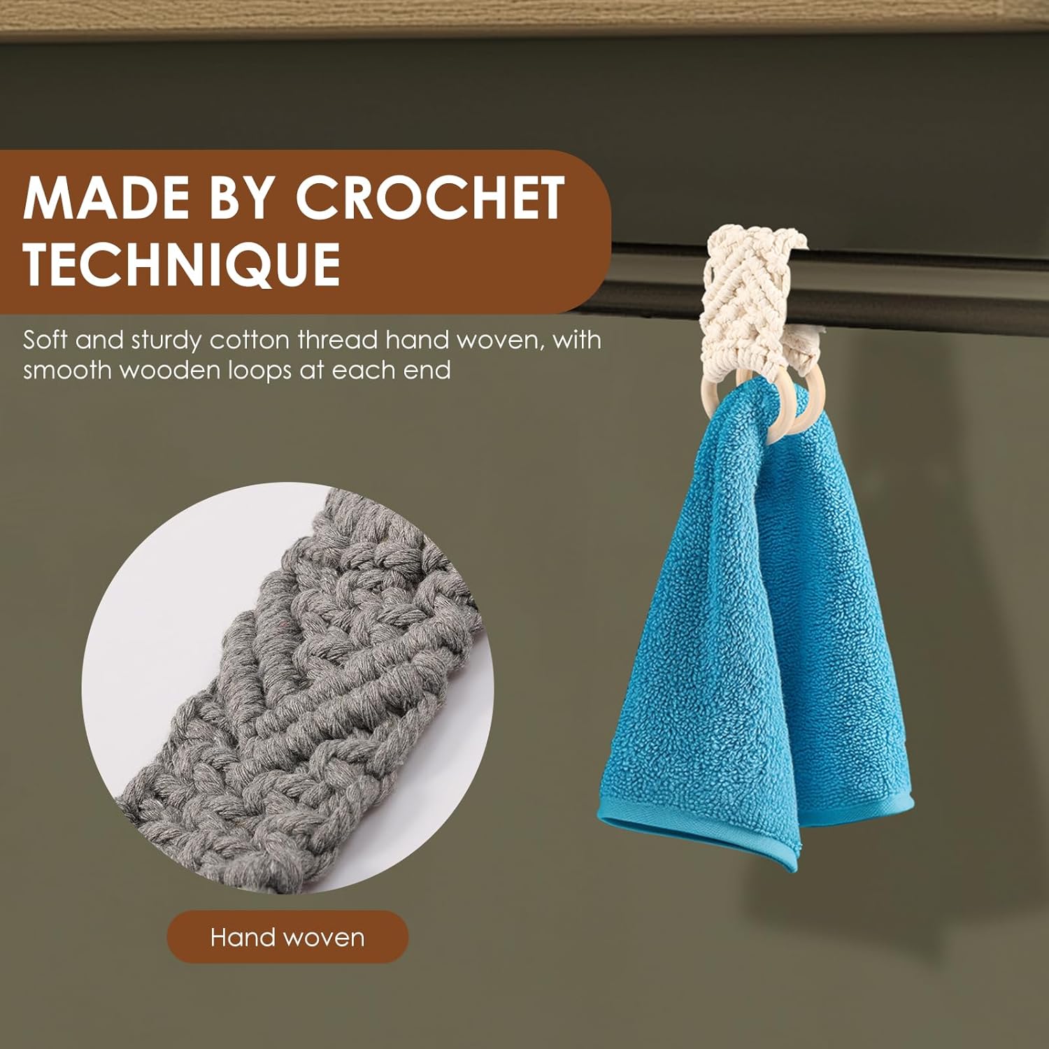 3Pcs Crochet Dish Towel Holder with Wooden Loops