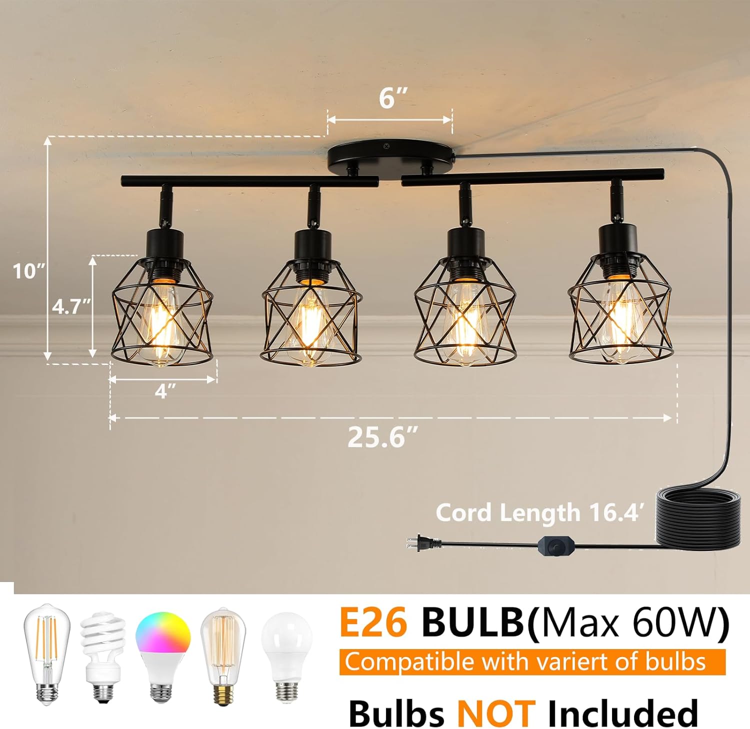 Vivihobb Dimmable 4 Light Plug-in Ceiling Light
