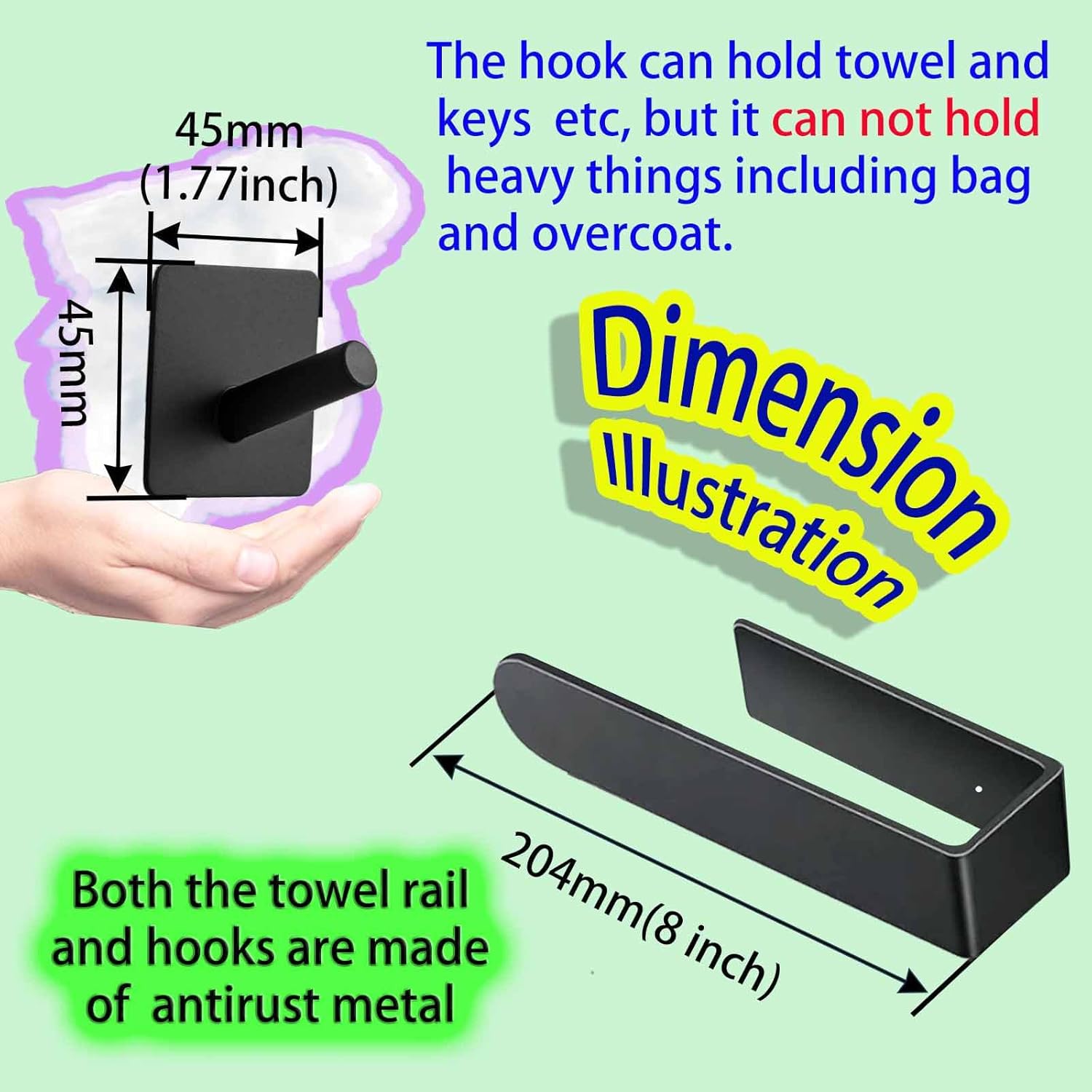 1 Black Self-Adhesive Towel Rail with 2 Hooks