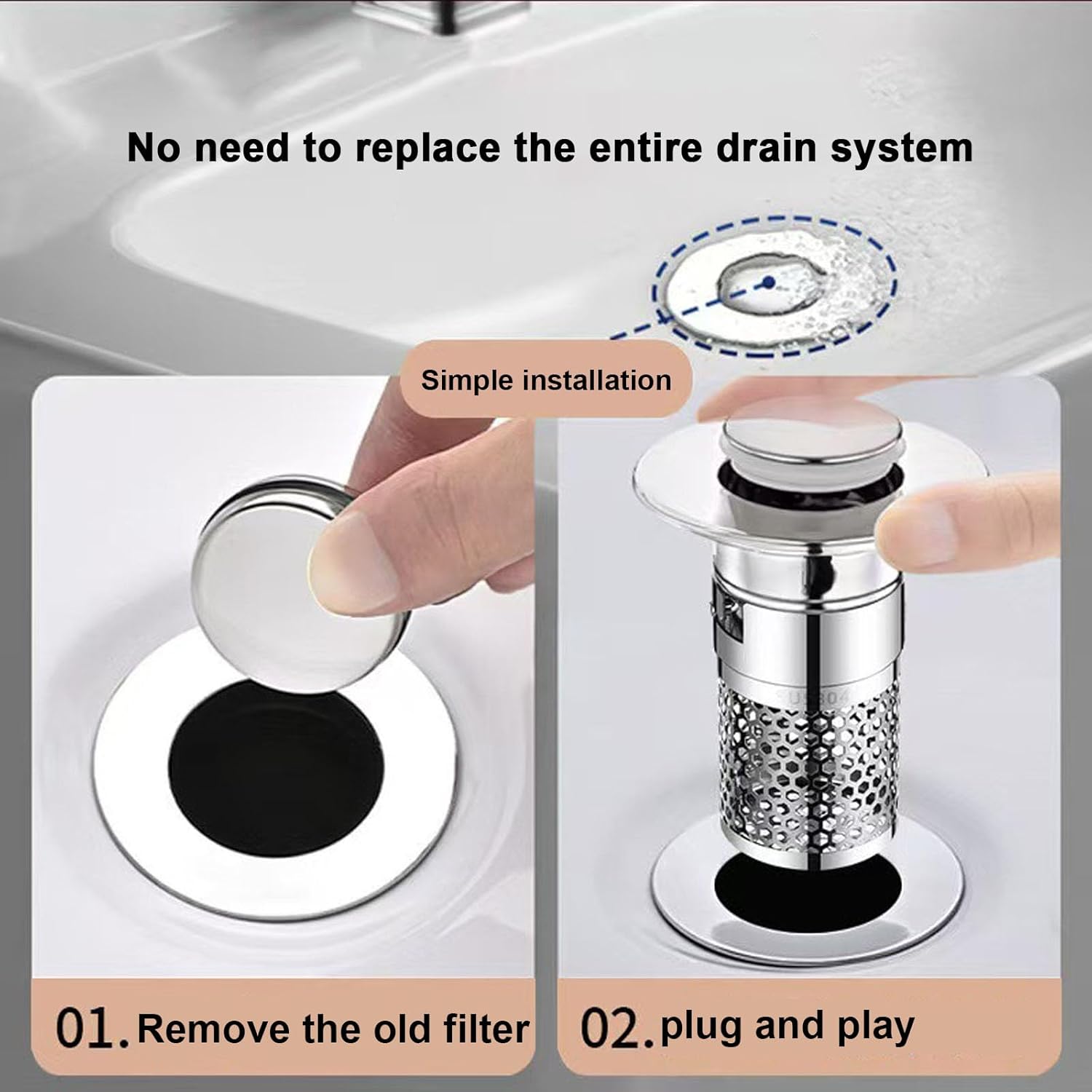 NureBe Pop-Up Drain Strainer with Rust-Proof Hair Catcher