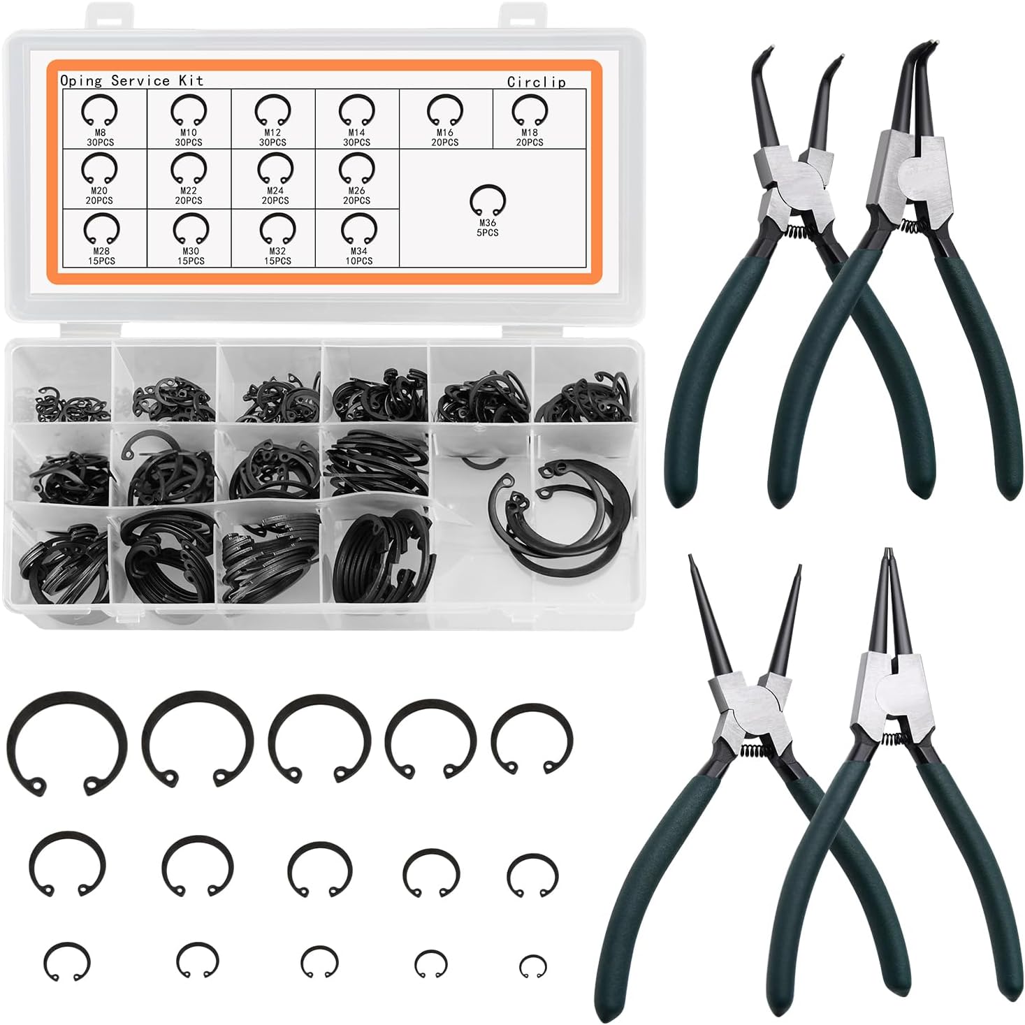 LFSEMINI Snap Ring Plier Set with 300pcs Alloy Steel Circlip Rings