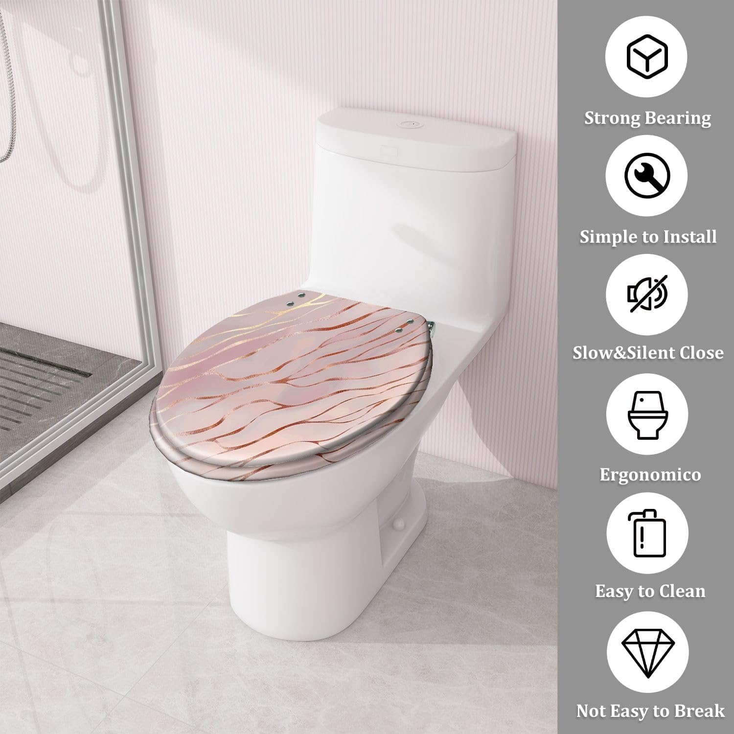Round Toilet Seat with Rose Gold Rose Marble Decorative Pattern