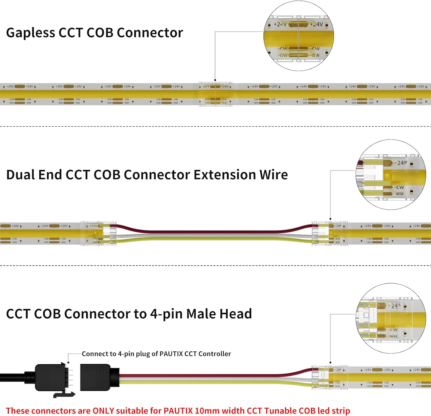 PAUTIX 10mm 3 Pin CCT COB LED Strip Connectors 4pcs Set