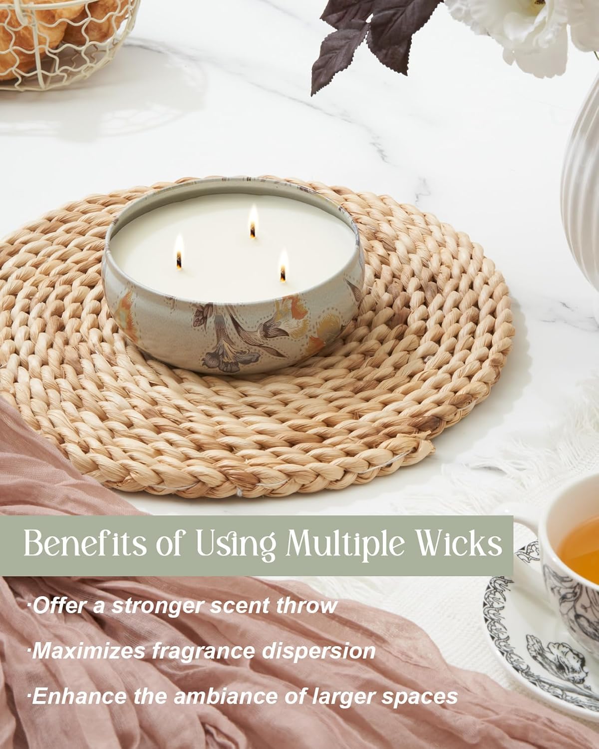 MSENSE 3 Wick Soy Candles Citrus Sage Aromatherapy 12oz 40 Hour Burn