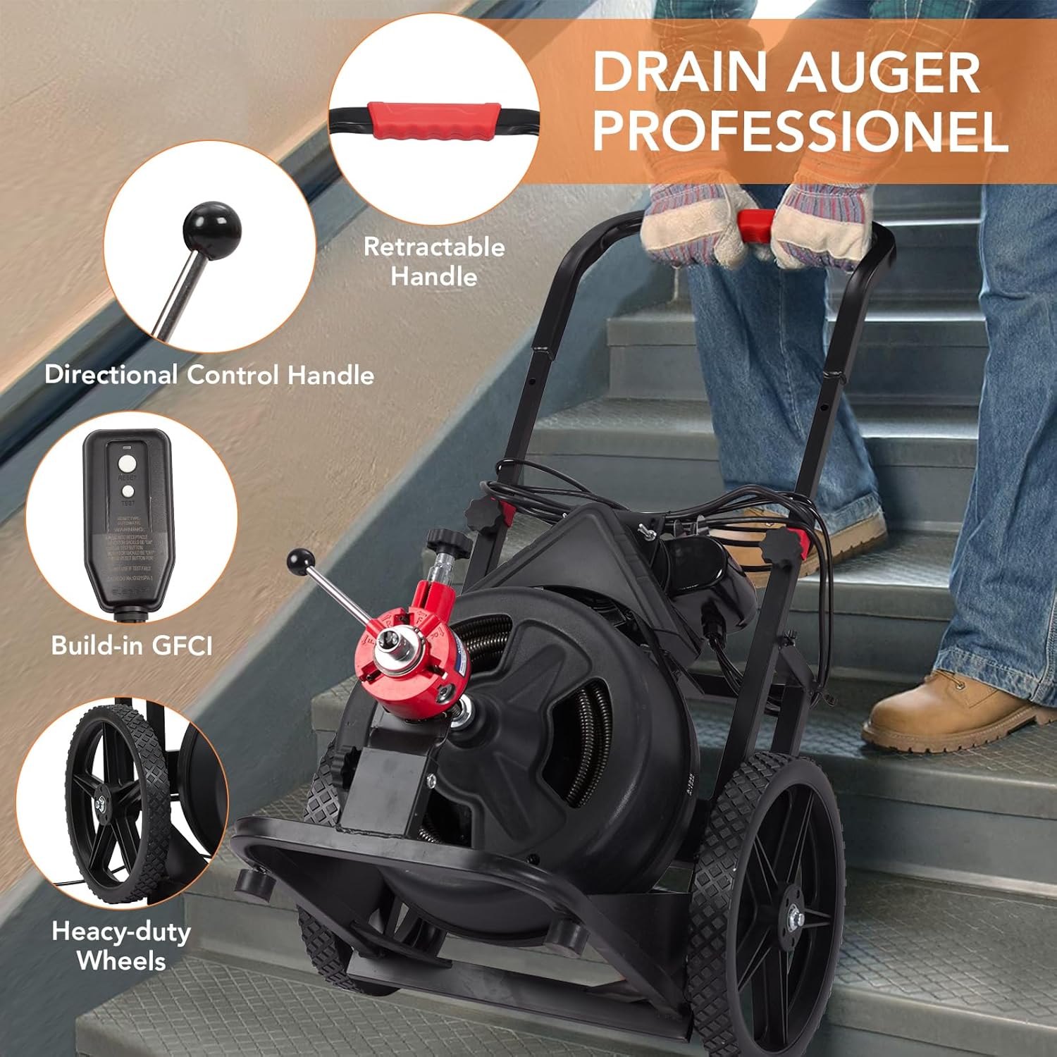 PioneerWorks 100Ft Drain Cleaner with 6 Cutters and Auto-feed Function