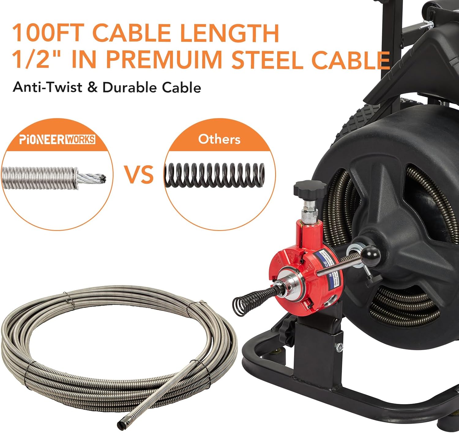 PioneerWorks 100Ft Drain Cleaner with 6 Cutters and Auto-feed Function