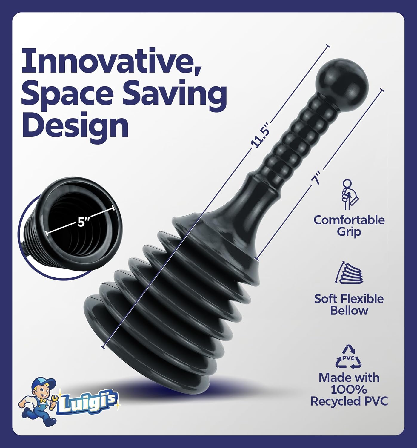 Luigis Black Accordion Plunger for Sinks and Drains
