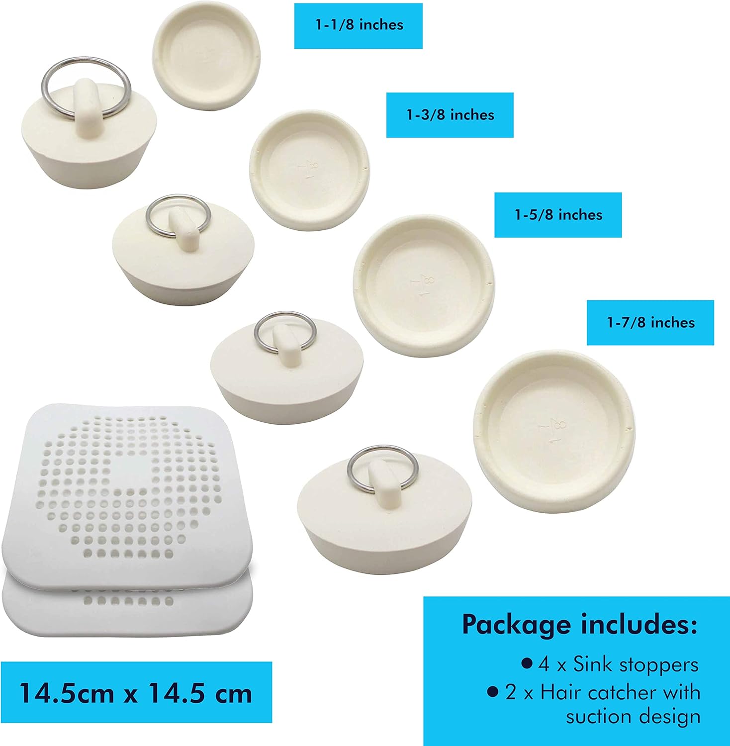 6 Pack Drain Cover - 2 Silicone Hair 4 Rubber Stopper