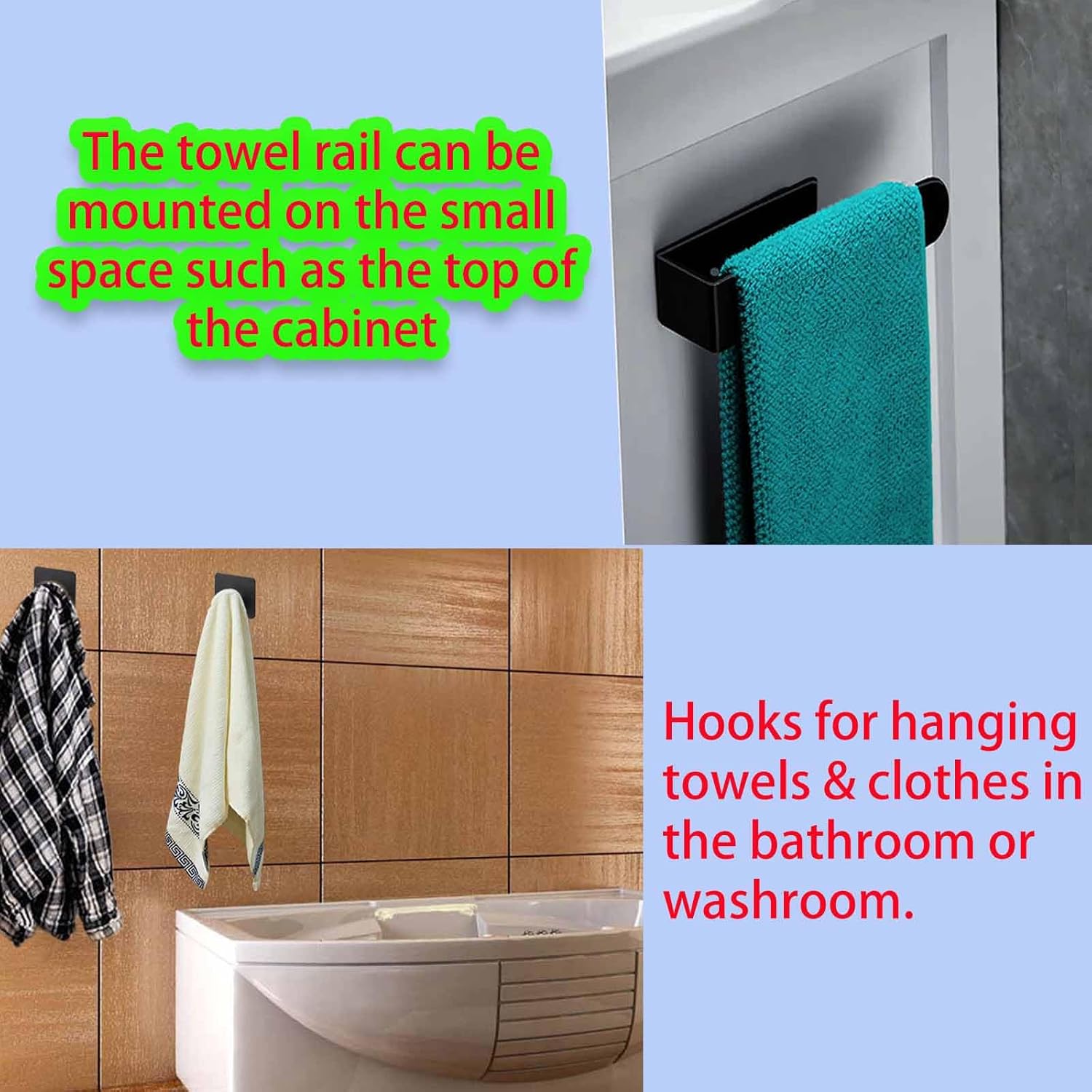 1 Black Self-Adhesive Towel Rail with 2 Hooks