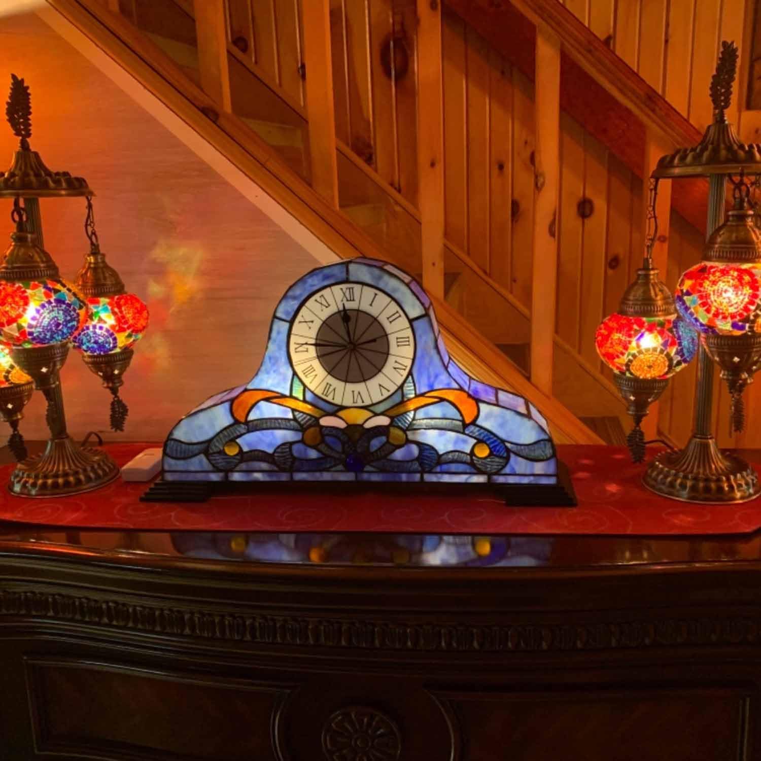 Bieye L10661 Baroque Stained Glass Table Lamp with Quartz Clock
