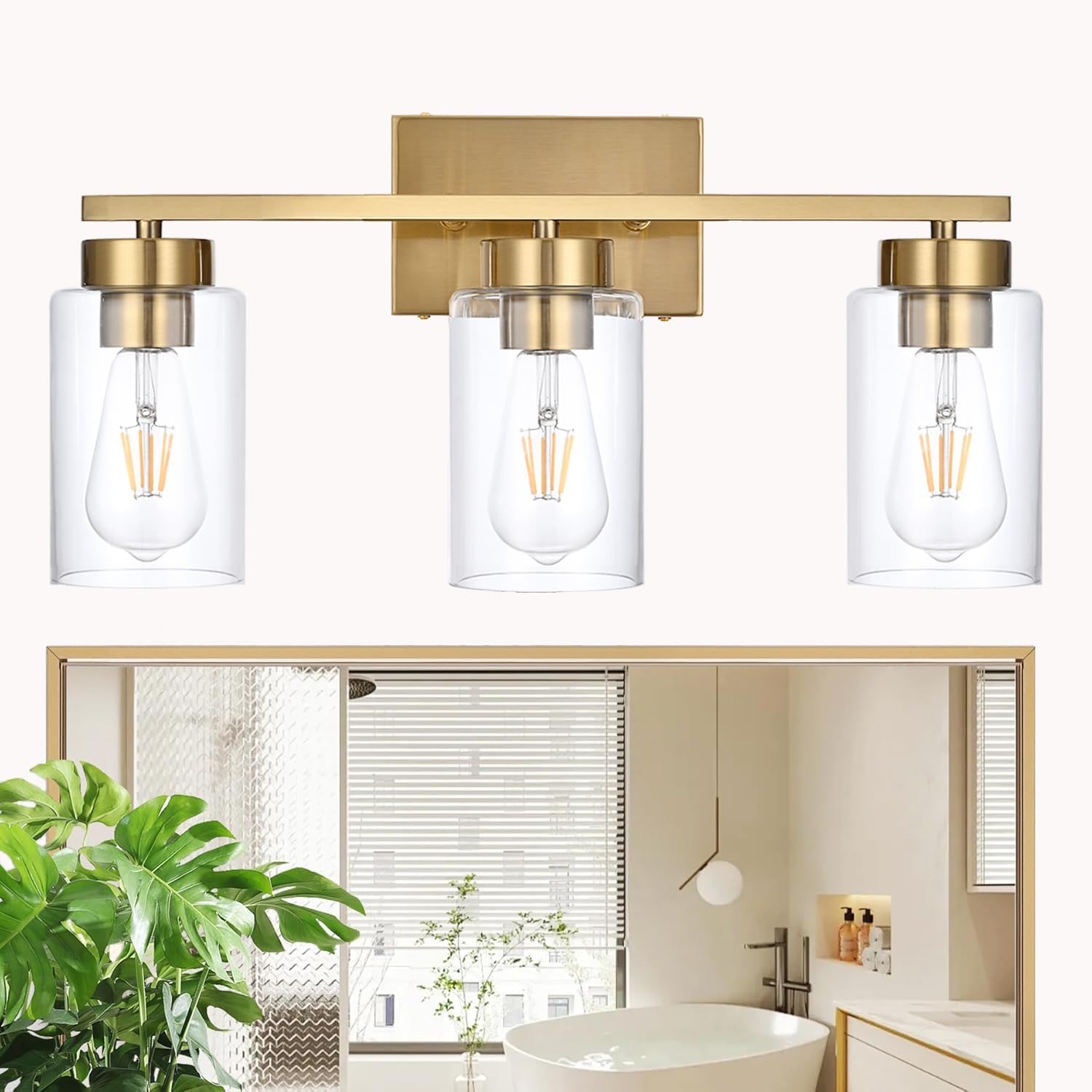 3-Light Brushed Gold Bathroom Vanity Light with Clear Glass Shades