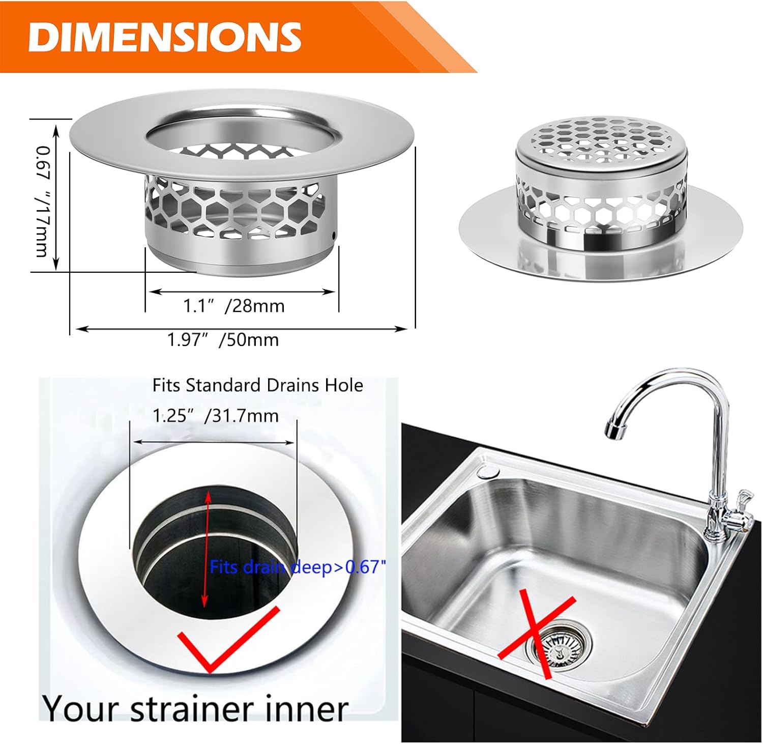 NADTLSS 3 Pack Bathroom Sink Strainer 125 Drain Hair Catcher Stainless Steel