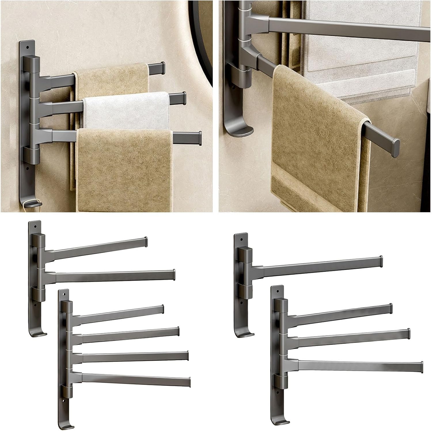 4 Arm Swivel Towel Rack with Hook Rustproof and Space Saving