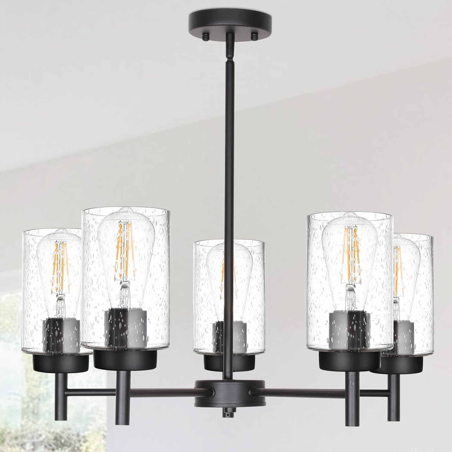 TODOLUZ 5-Lights Black Chandelier with Seeded Glass Shade