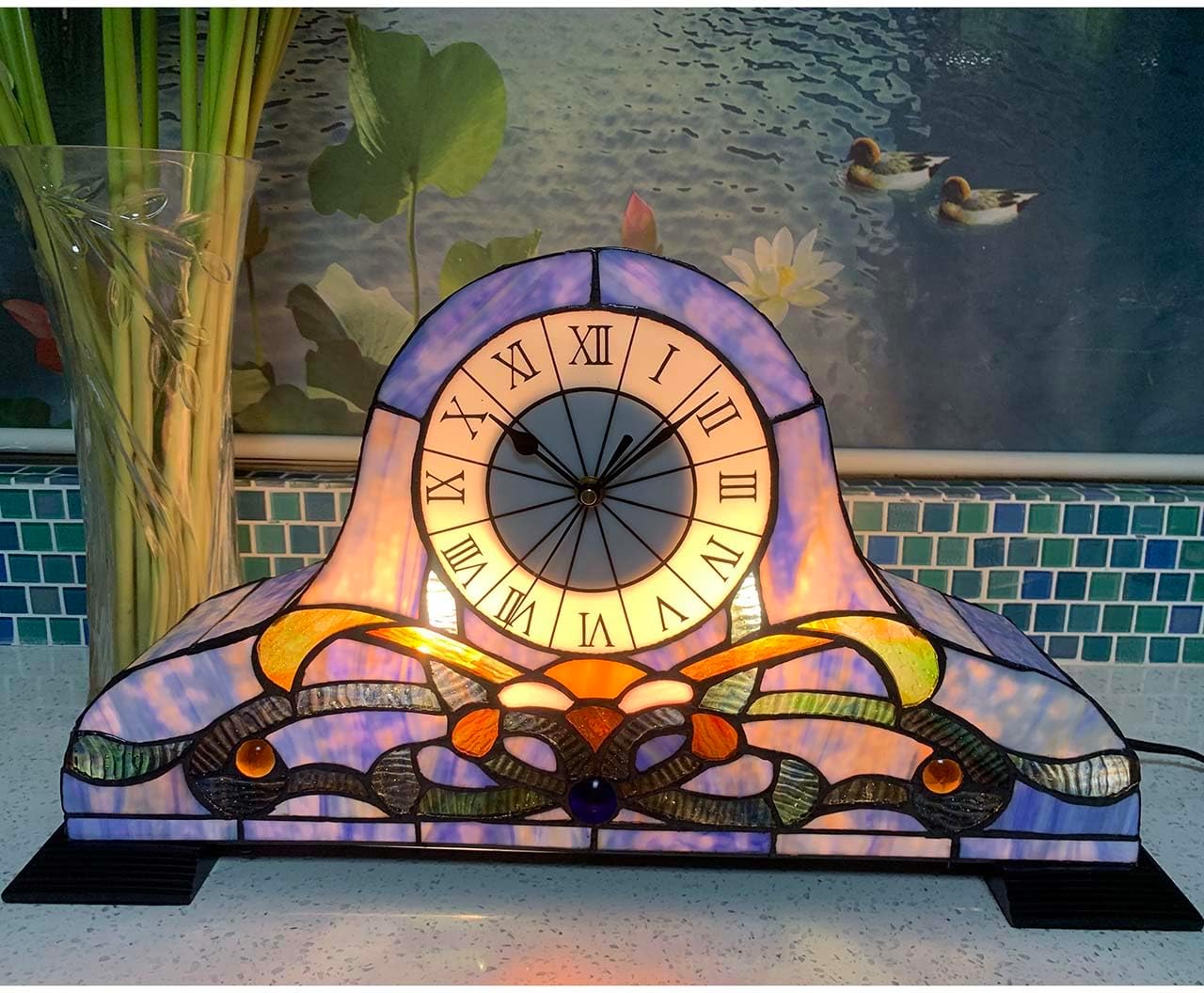 Bieye L10661 Baroque Stained Glass Table Lamp with Quartz Clock