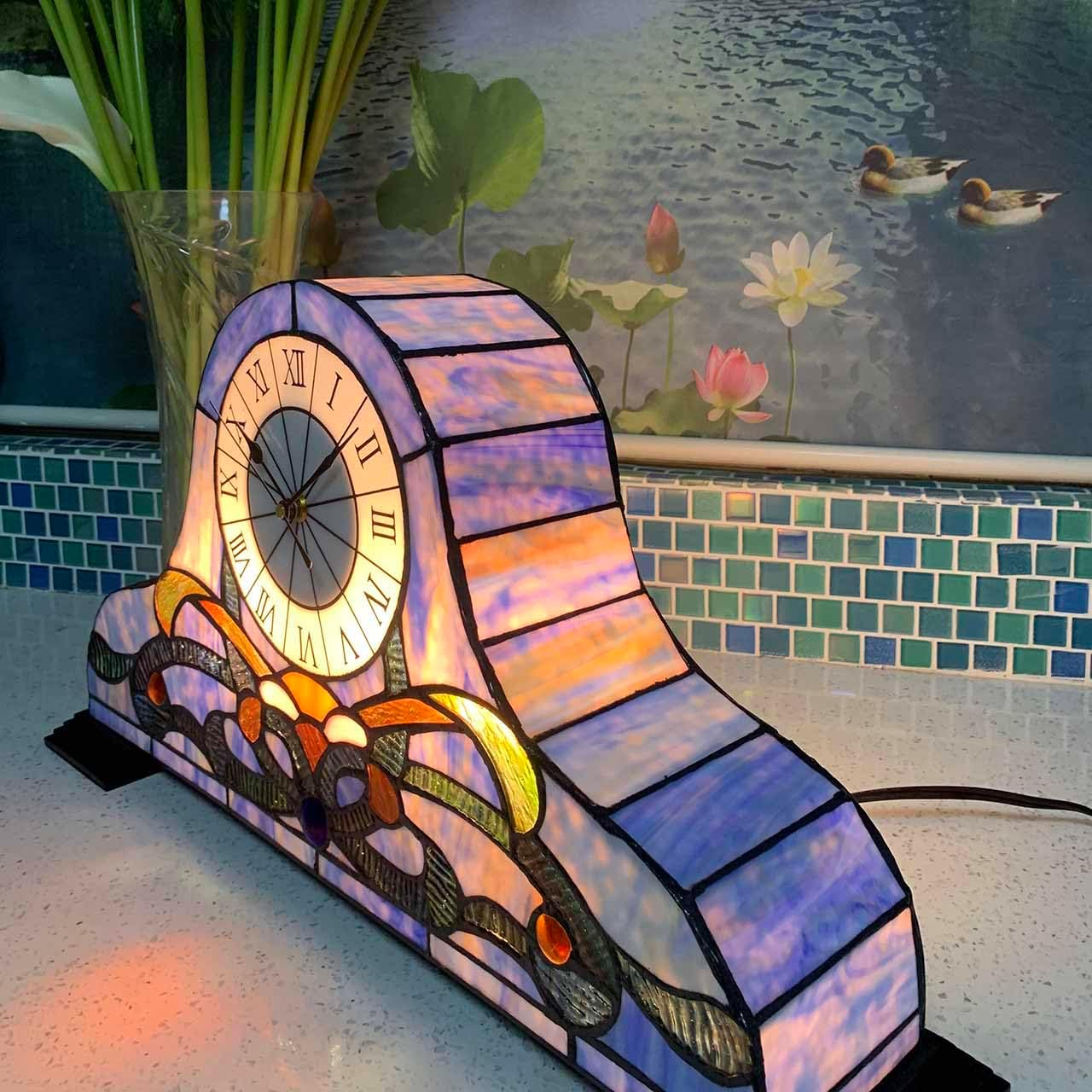 Bieye L10661 Baroque Stained Glass Table Lamp with Quartz Clock