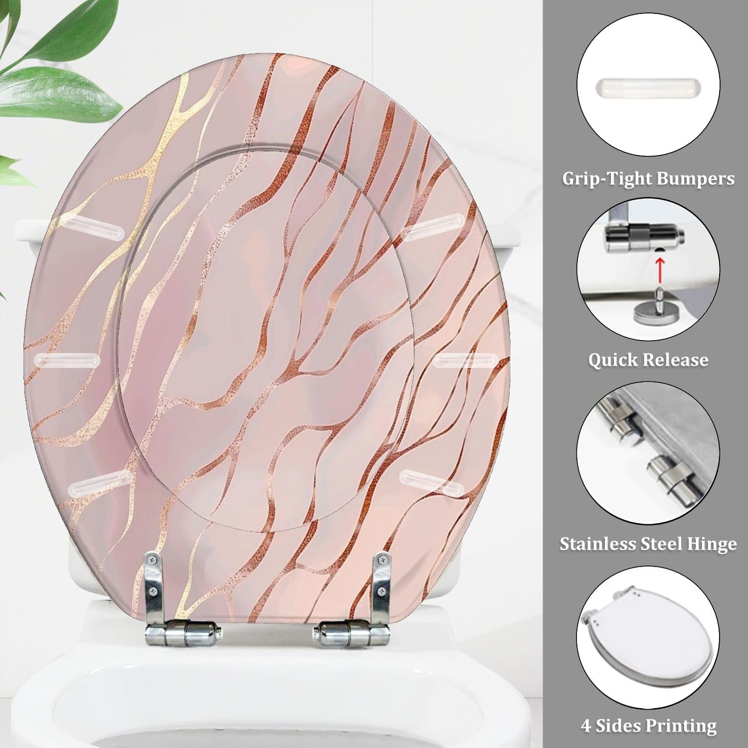 Round Toilet Seat with Rose Gold Rose Marble Decorative Pattern