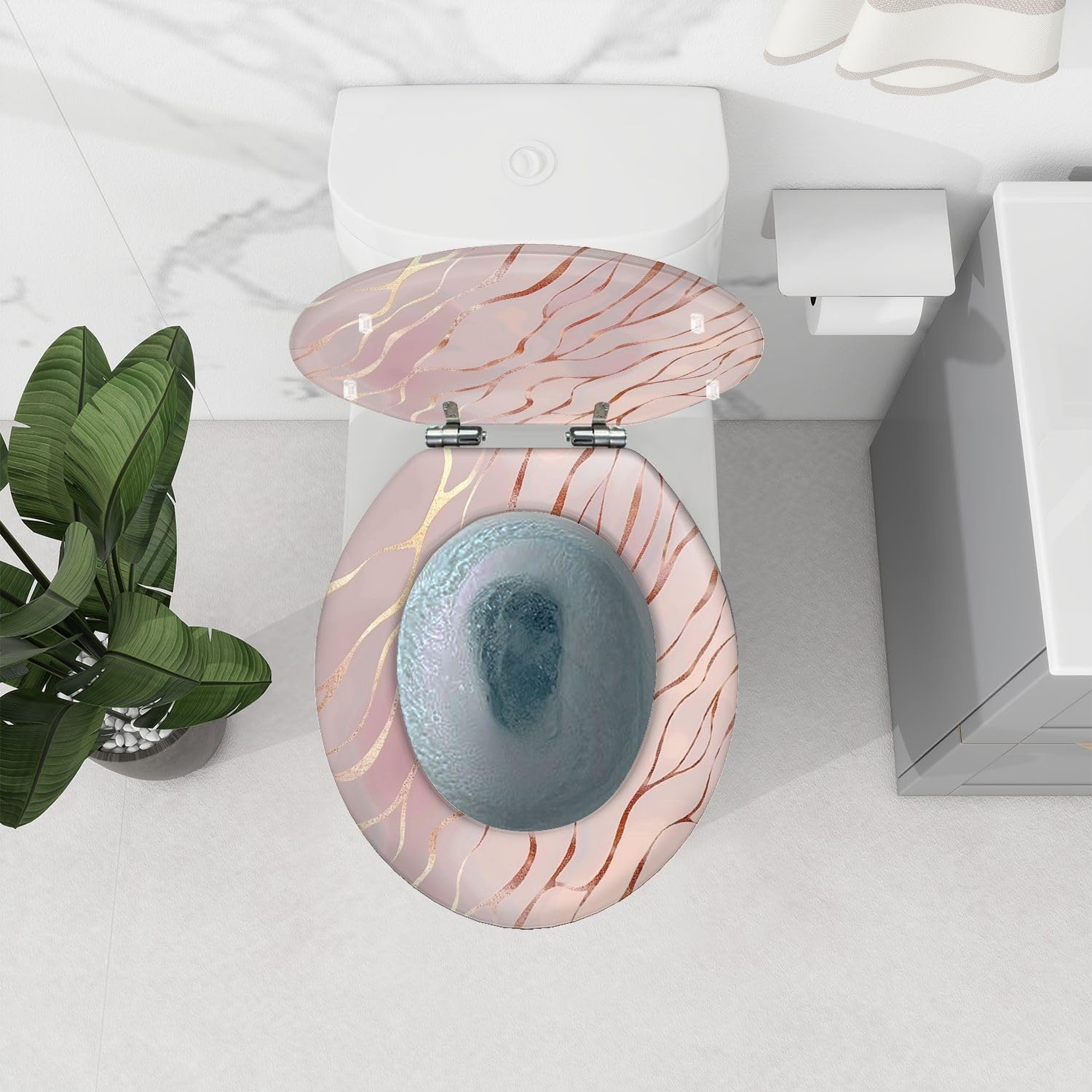 Round Toilet Seat with Rose Gold Rose Marble Decorative Pattern