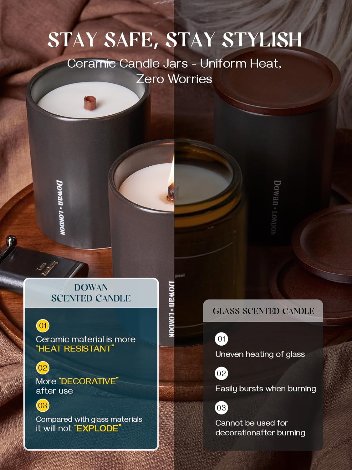 Dowan Wood Wick Vanilla Smoke Candle 8Oz Ceramic Jar Non-Toxic Soy Wax