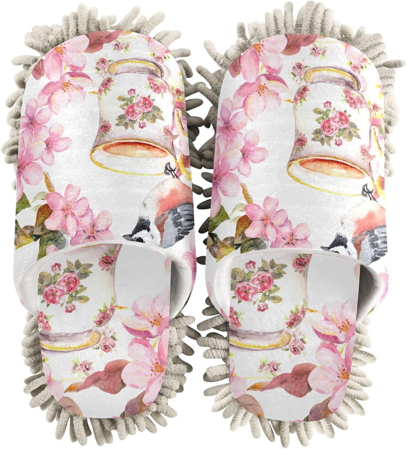 Sinestour Bird Flowers Pink Mop Slippers for Floor Cleaning