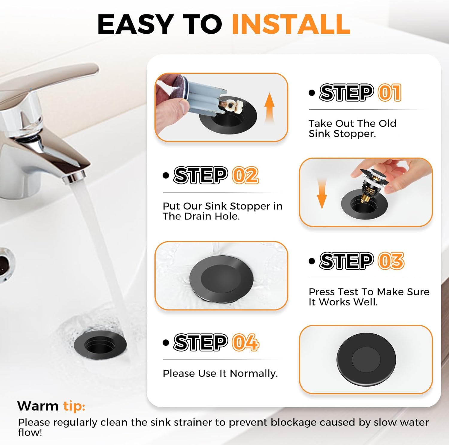 AURUZA 4 Pack Universal Sink Stopper Black