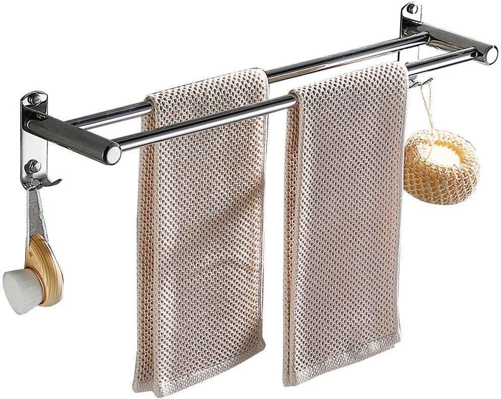 BOCbco Double Towel Bar Holder with Hooks Silver