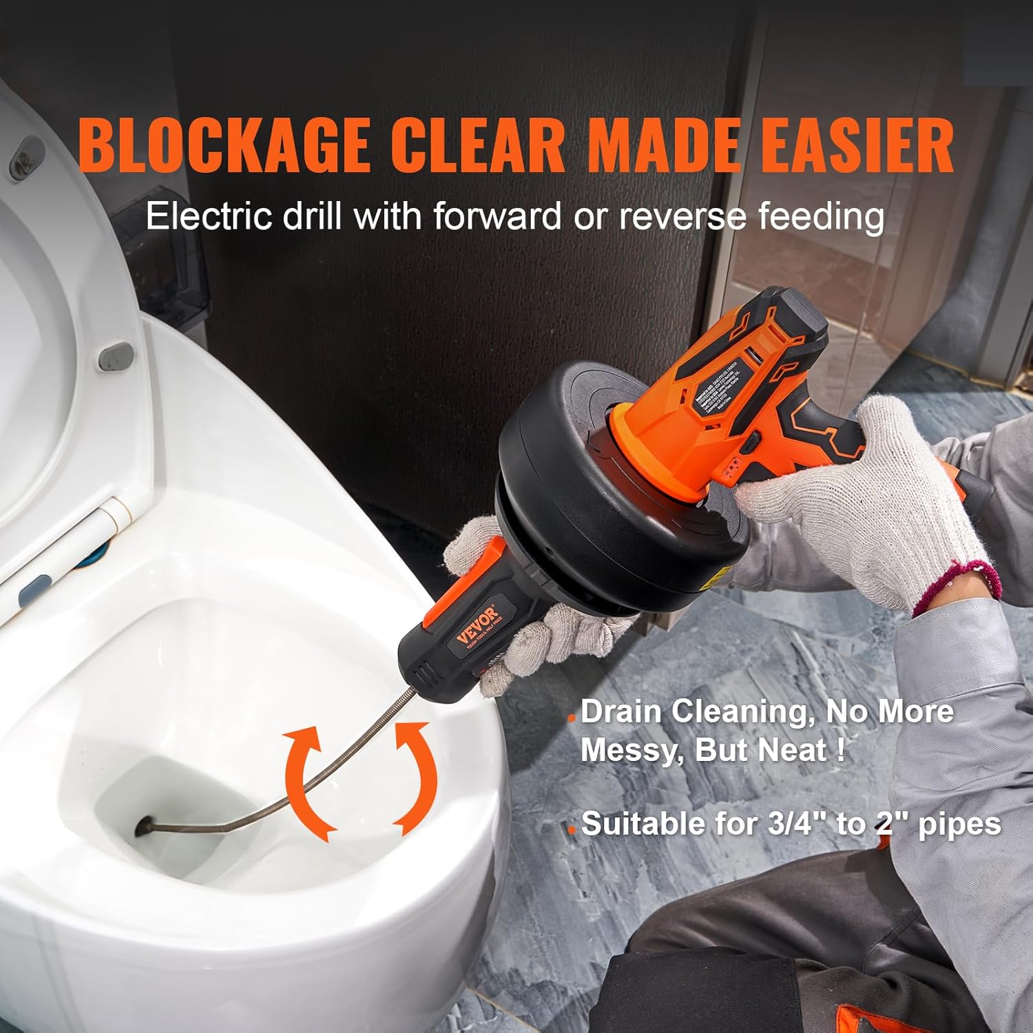 VEVOR 12V Electric Drain Auger with 25FT Cable