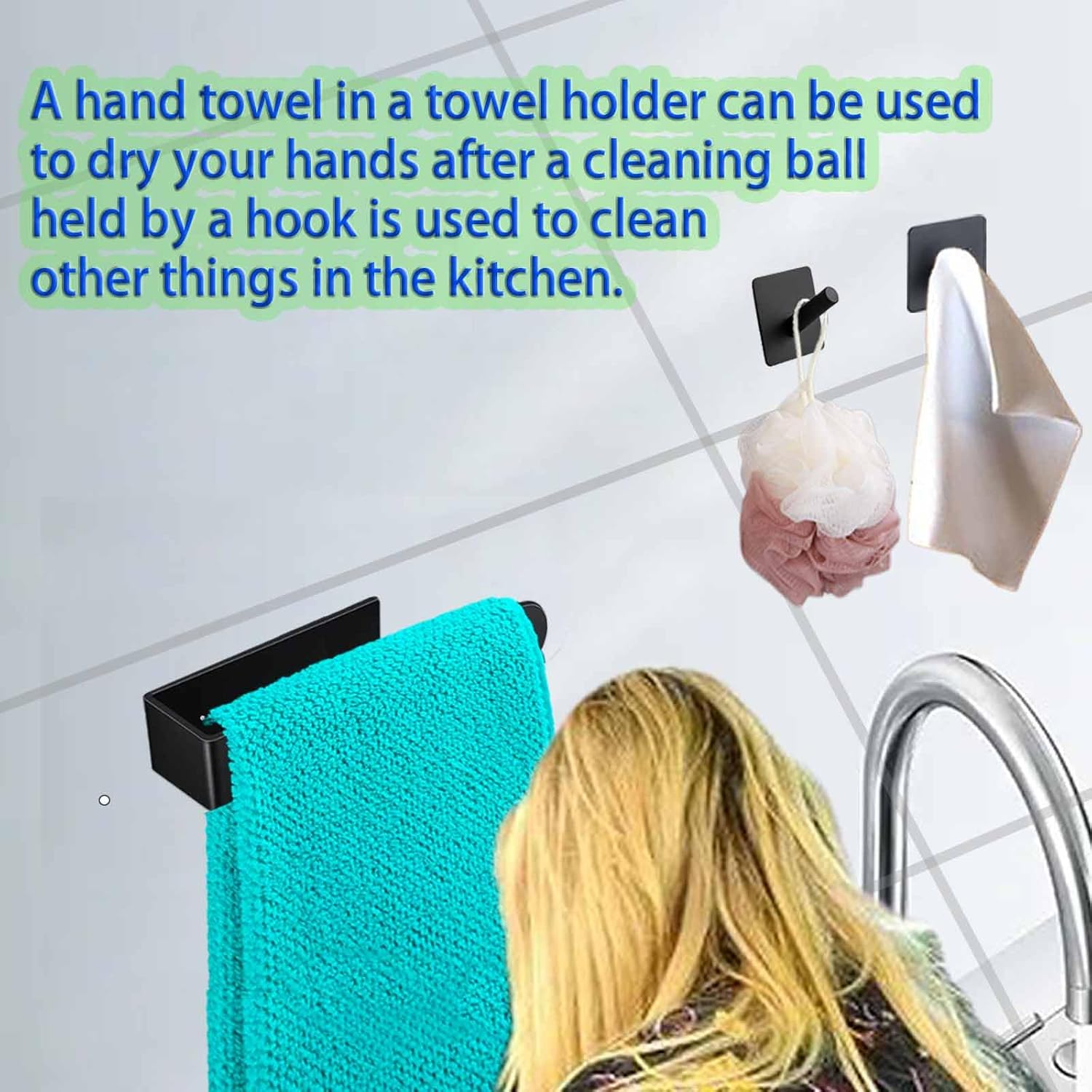 1 Black Self-Adhesive Towel Rail with 2 Hooks